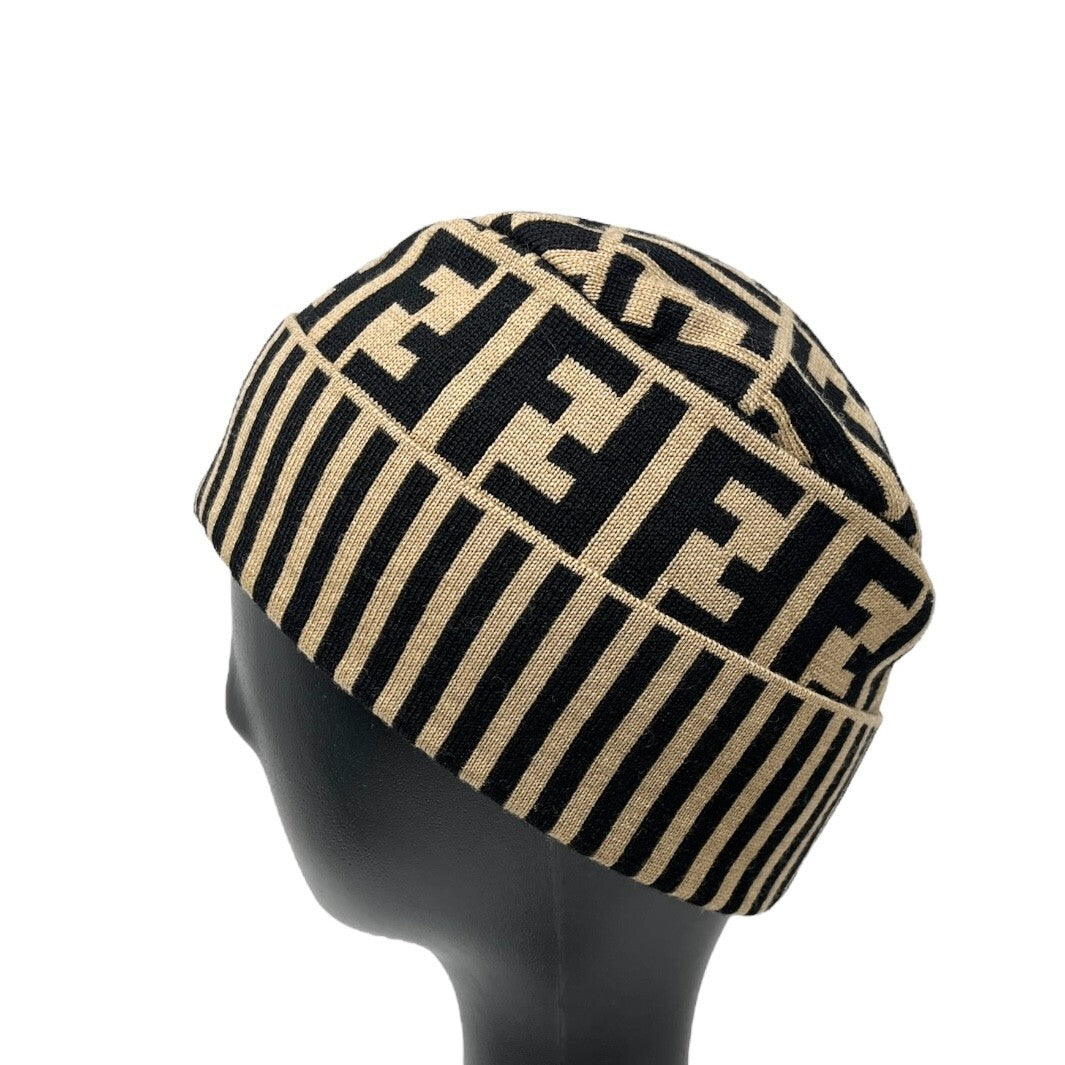 FENDI Vintage Zucca Monogram Knit Beanie #42 Cap Stripe Beige Black Wool