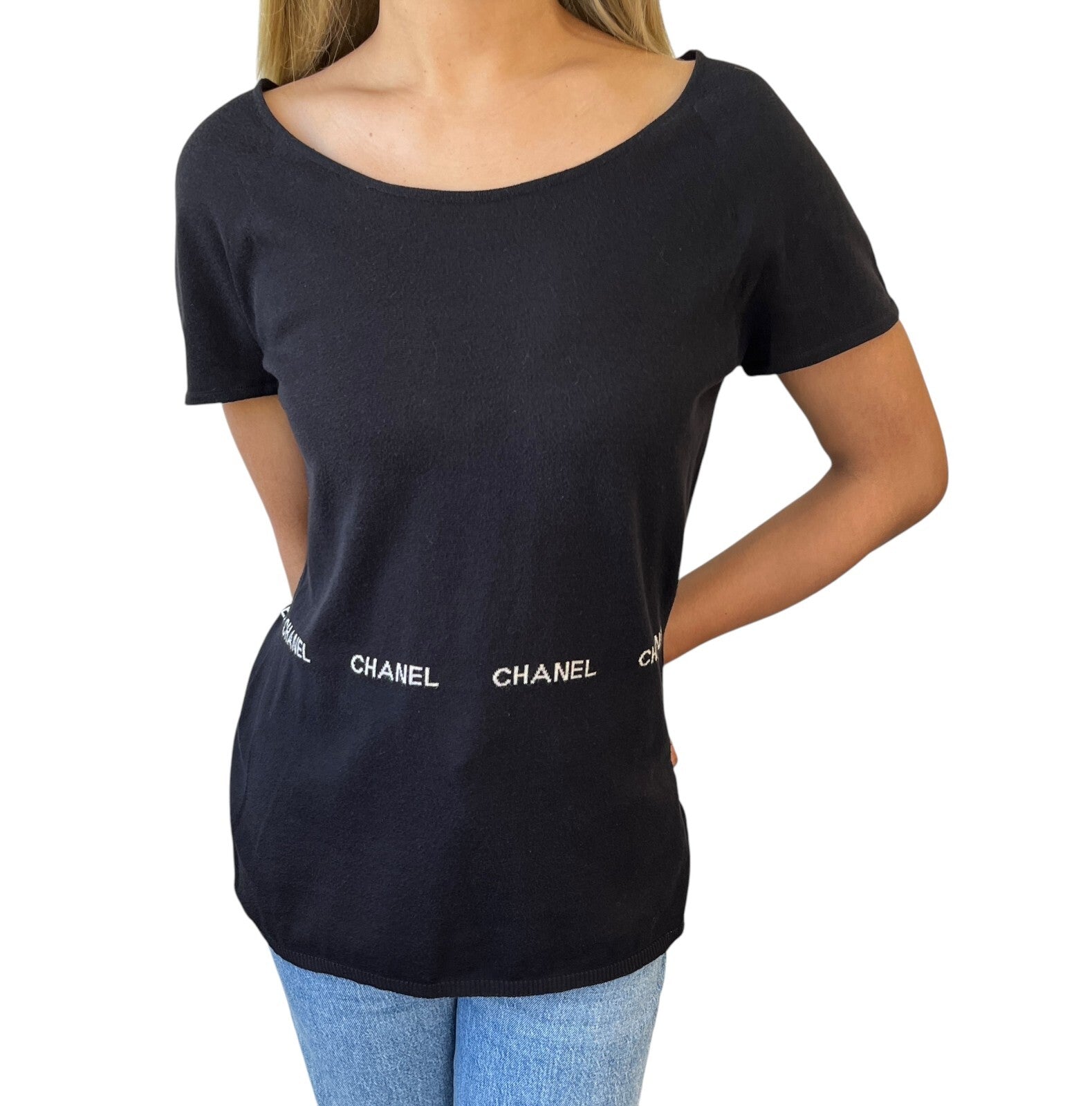 CHANEL Vintage 04P Logo Knit T-shirt Top #40 Round Neck Black White Cotton