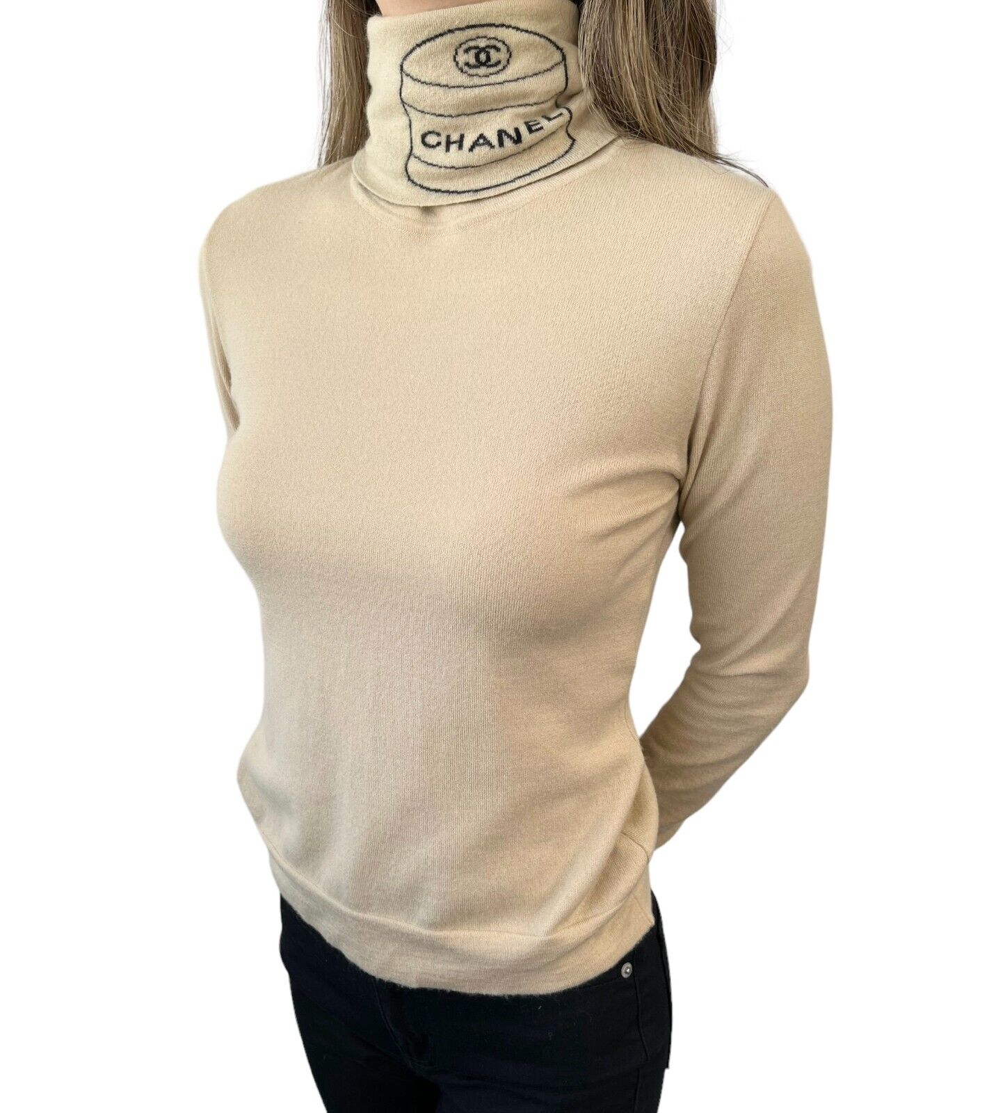 CHANEL Vintage 04A CC Logo Turtleneck Sweater #38 Long Sleeve Top Cream Cashmere