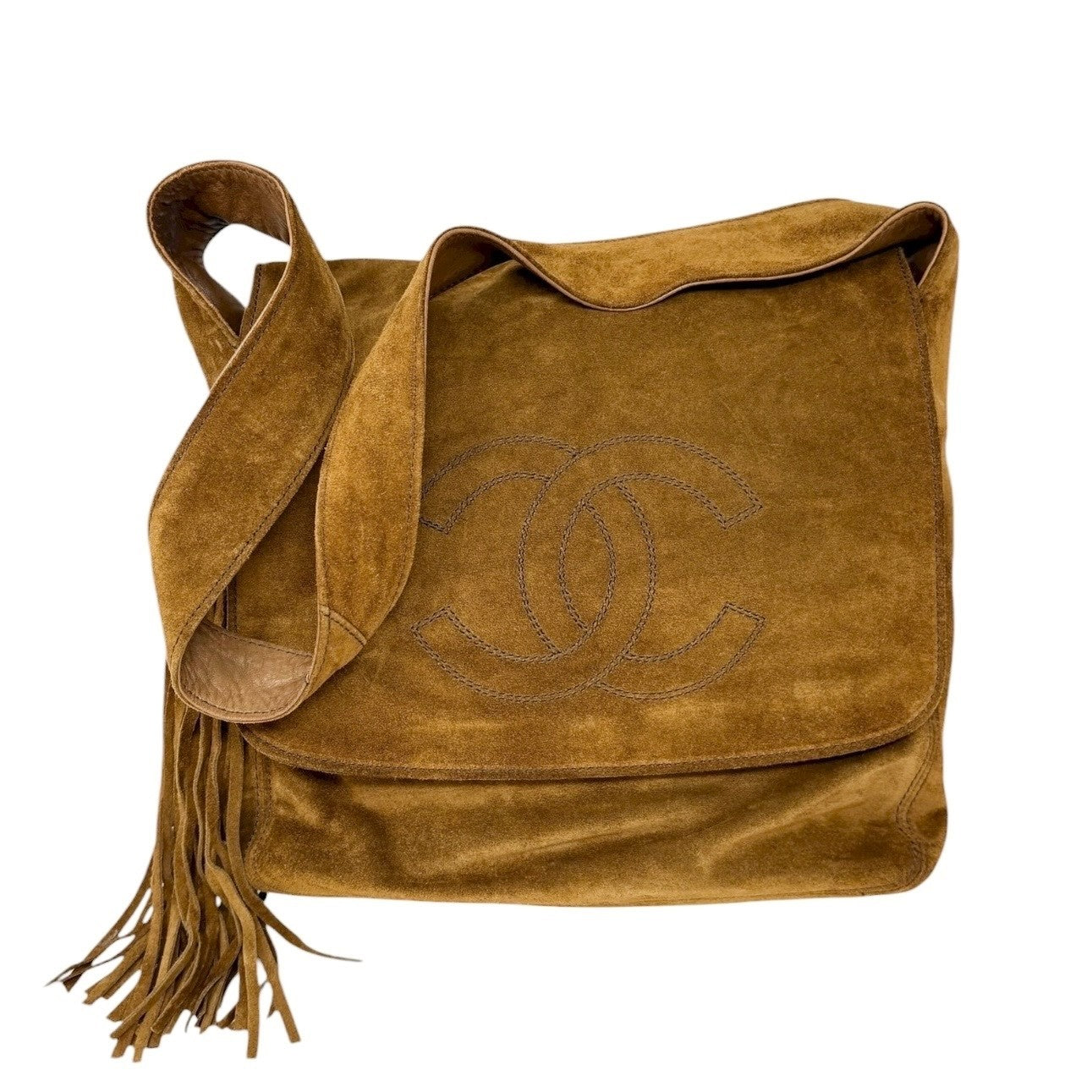 CHANEL Vintage CC Mark Logo Crossbody Shoulder Bag 2way Bag Fringe Brown Suede