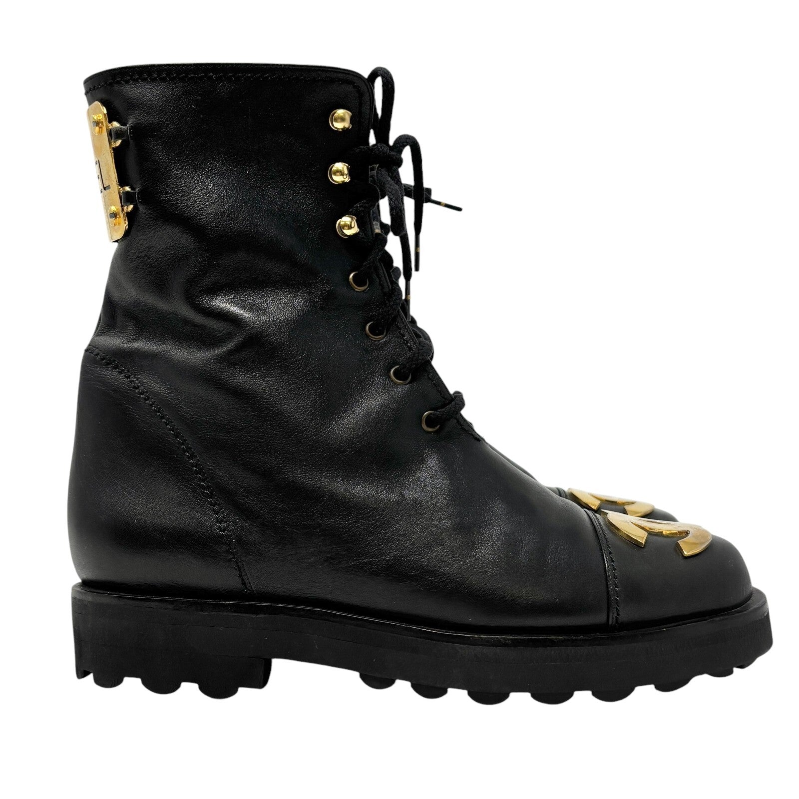 CHANEL Vintage CC Logo Lace-up Ankle Boots #36.5 Short Boots Black Gold Leather