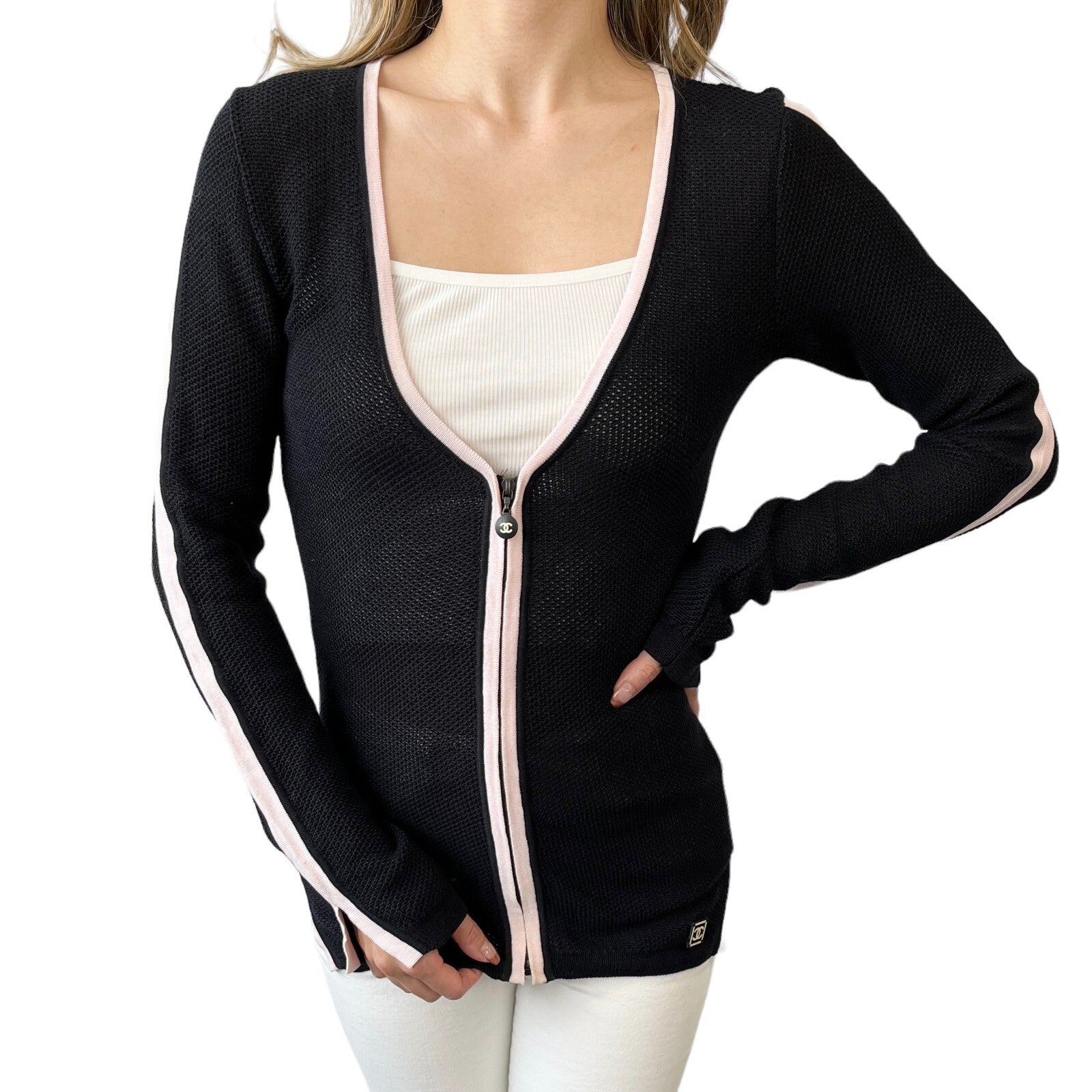 CHANEL Sport Vintage 03P CC Logo Mesh Zip Top #38 Knit Cardigan Black RankAB+