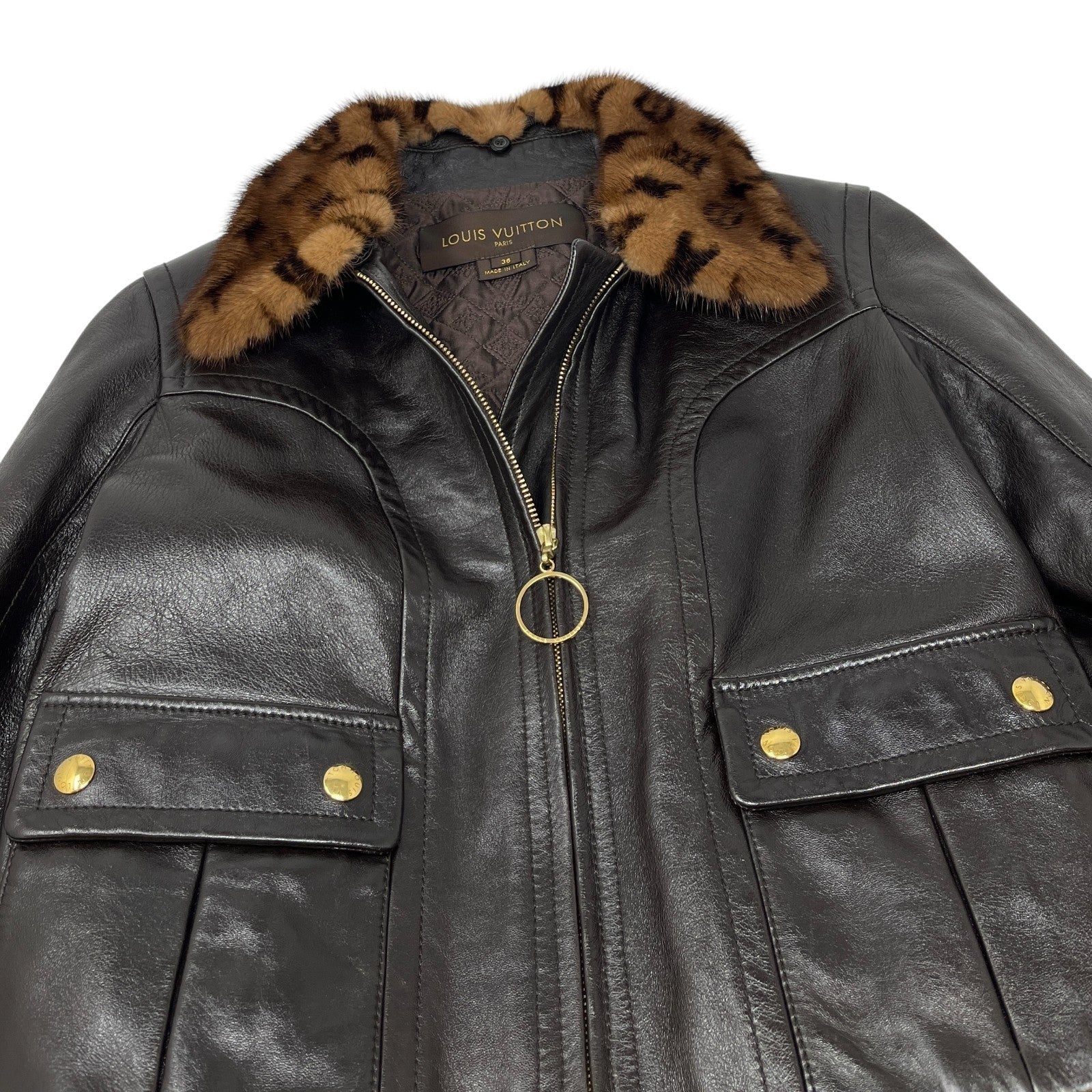 LOUIS VUITTON Vintage LV Monogram Logo Fur Leather Jacket #36 Zip Brown Gold