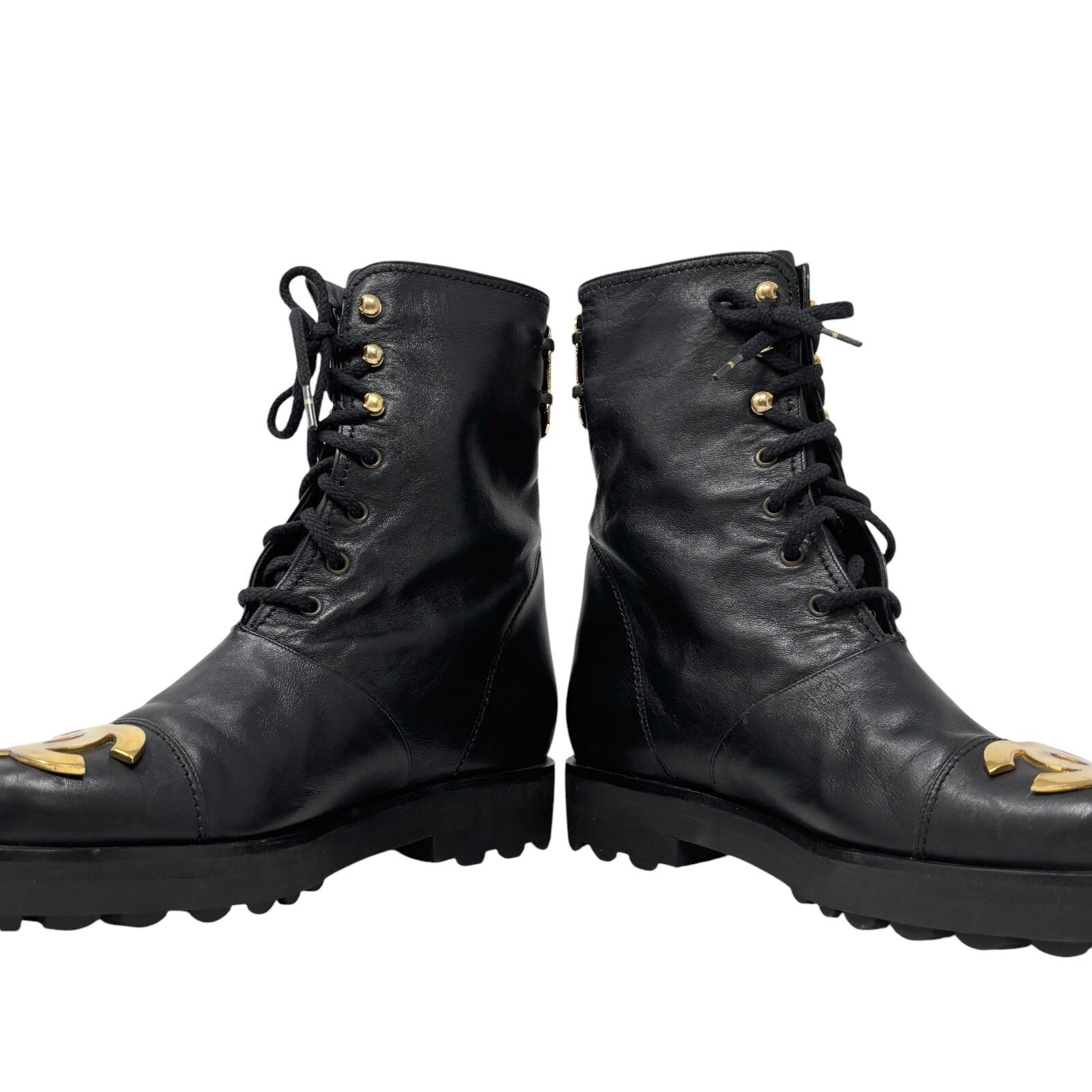 CHANEL Vintage CC Logo Lace-up Ankle Boots #36.5 Short Boots Black Gold Leather