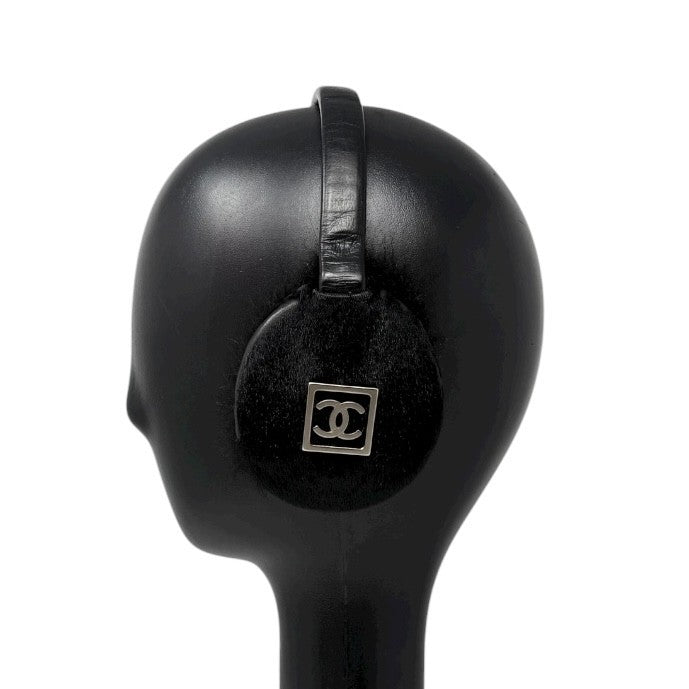 CHANEL Sport Vintage CC Mark Logo Earmuffs Black Silver Pony Calf Hair Leather