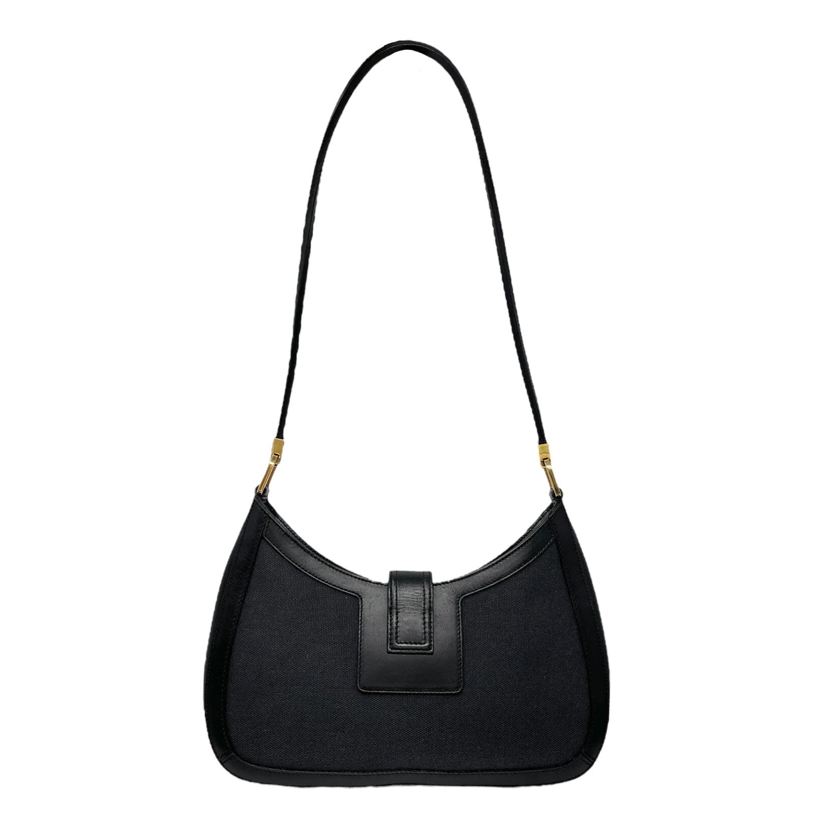 GUCCI Vintage G Square Logo Shoulder Bag Magnet Black Gold Cotton Leather