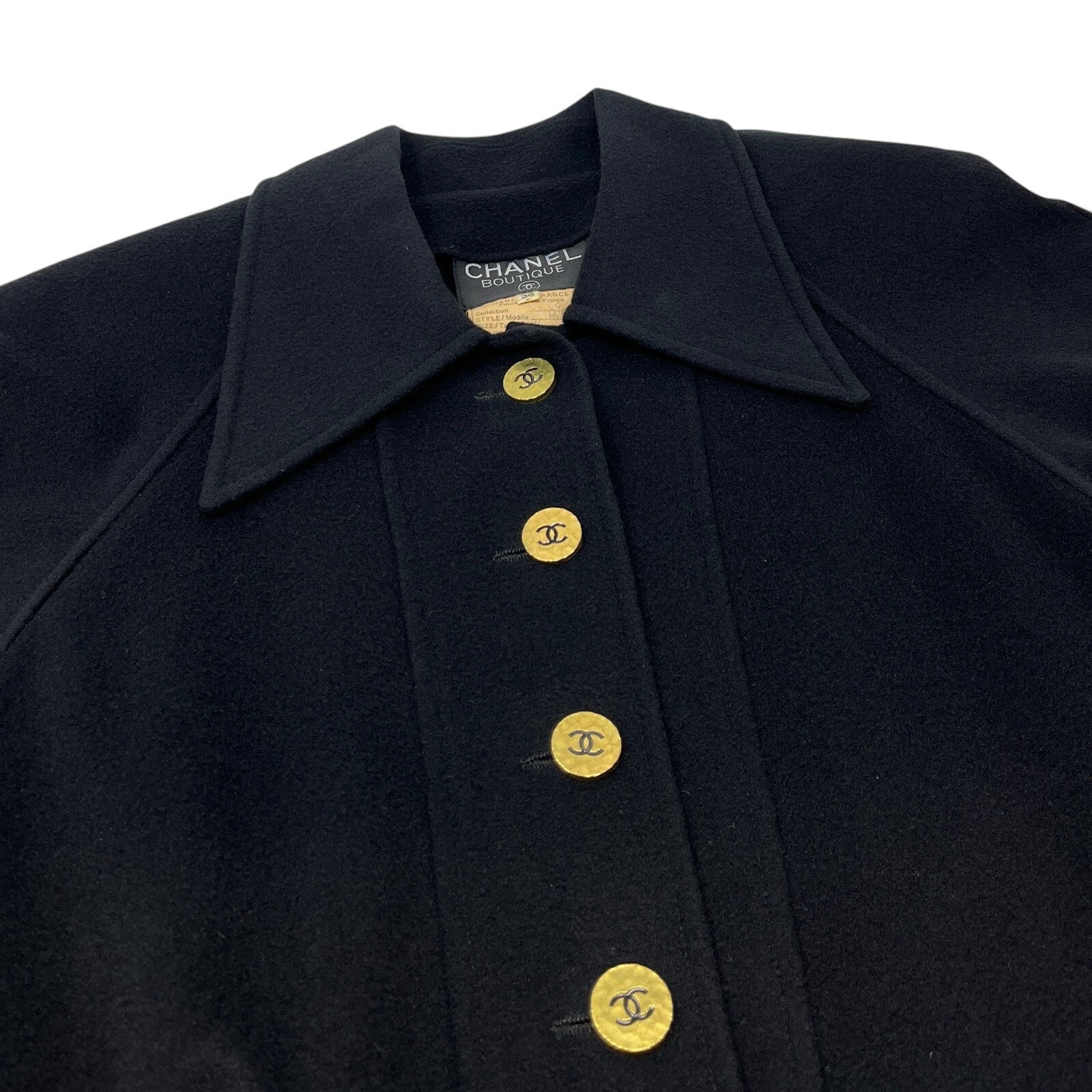 CHANEL Vintage 94A CC Logo Long Jacket Coat #36 Button Black Gold Cashmere