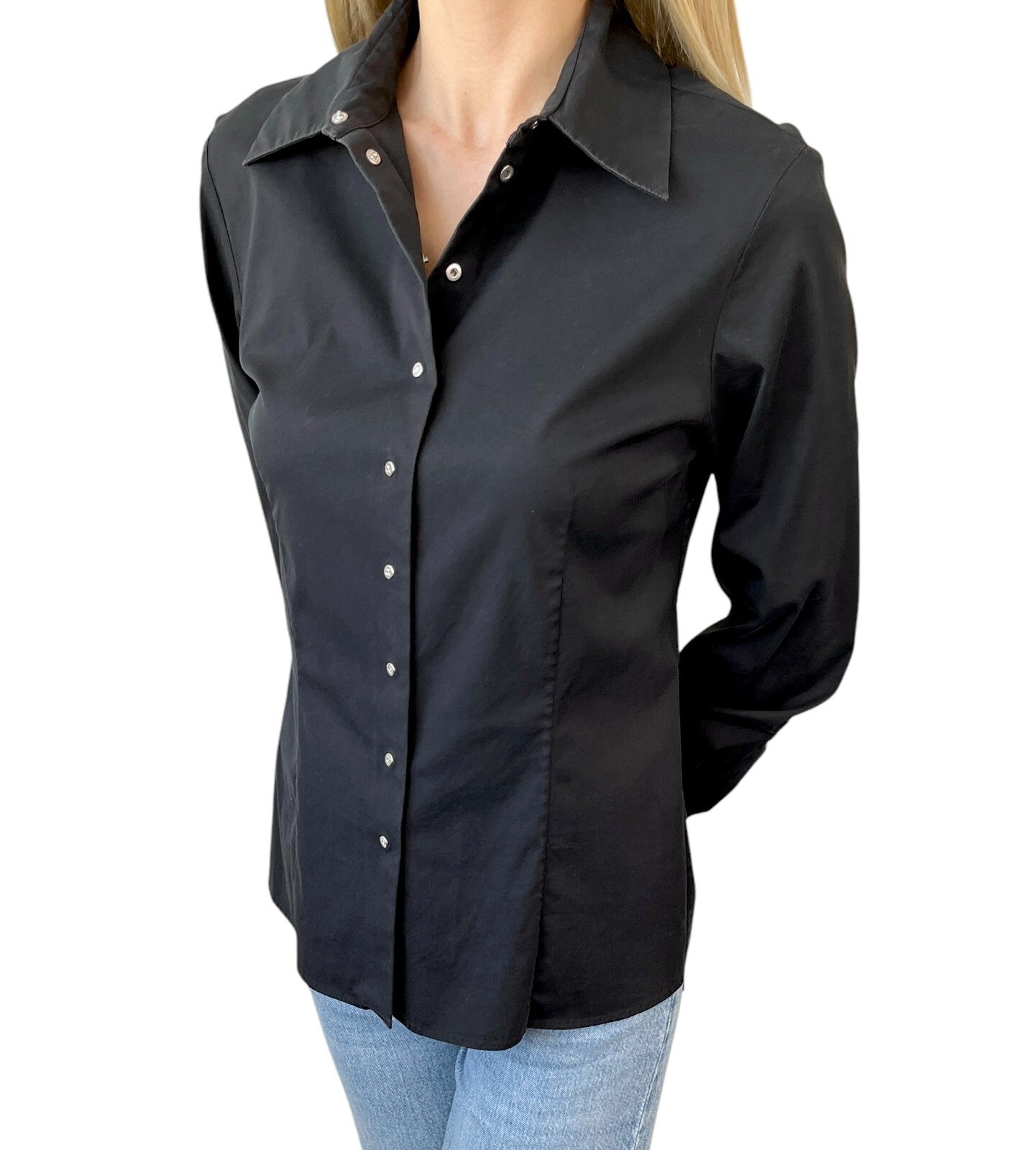 CELINE Vintage Macadam Logo Black Shirt #38 Blouse Top Black Silver Cotton
