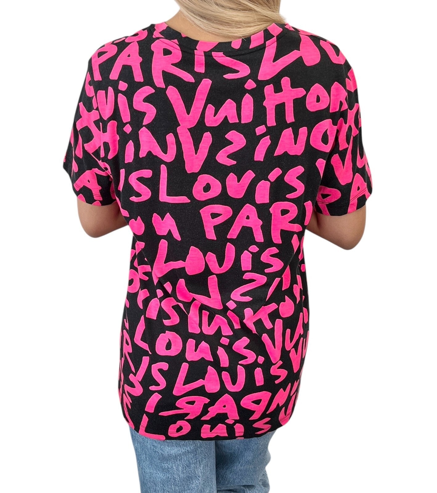 LOUIS VUITTON Vintage LV Logo Graffiti Print T-shirt Top #M Black Pink Cotton