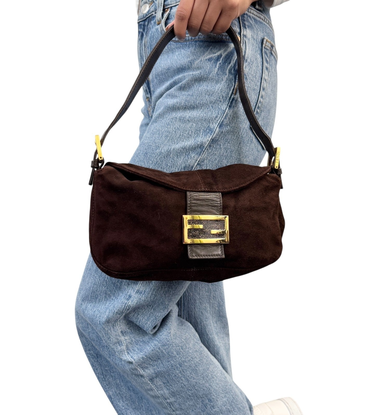 FENDI Vintage FF Logo Mamma Baguette Shoulder Bag Handbag Brown Gold Suede