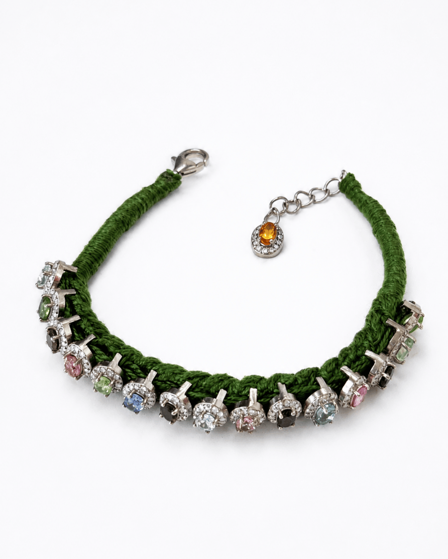 Sanjeeta HOC Diamond-encrusted Sterling Silver Friendship Bracelet with Multi-Tourmaline Stones in Dark Green Thread