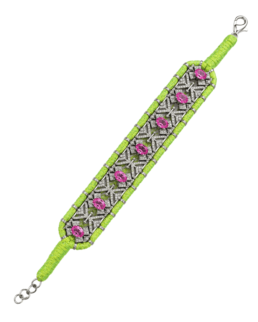 Diamond-encrusted Sterling Silver Friendship Bracelet with Pink Topaz Stones in Lime Thread