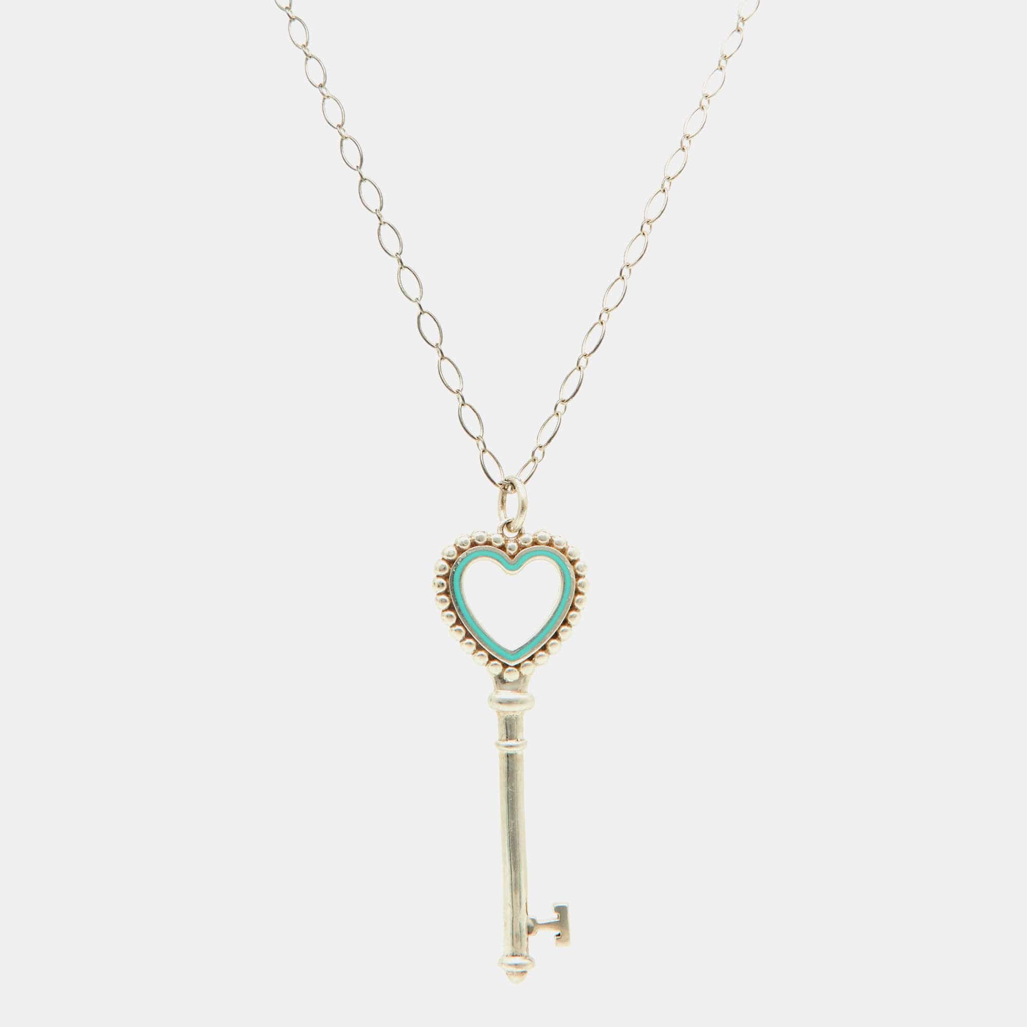 Tiffany & Co. Tiffany Keys Enamel Silver Beaded Heart Key Pendant Neck
