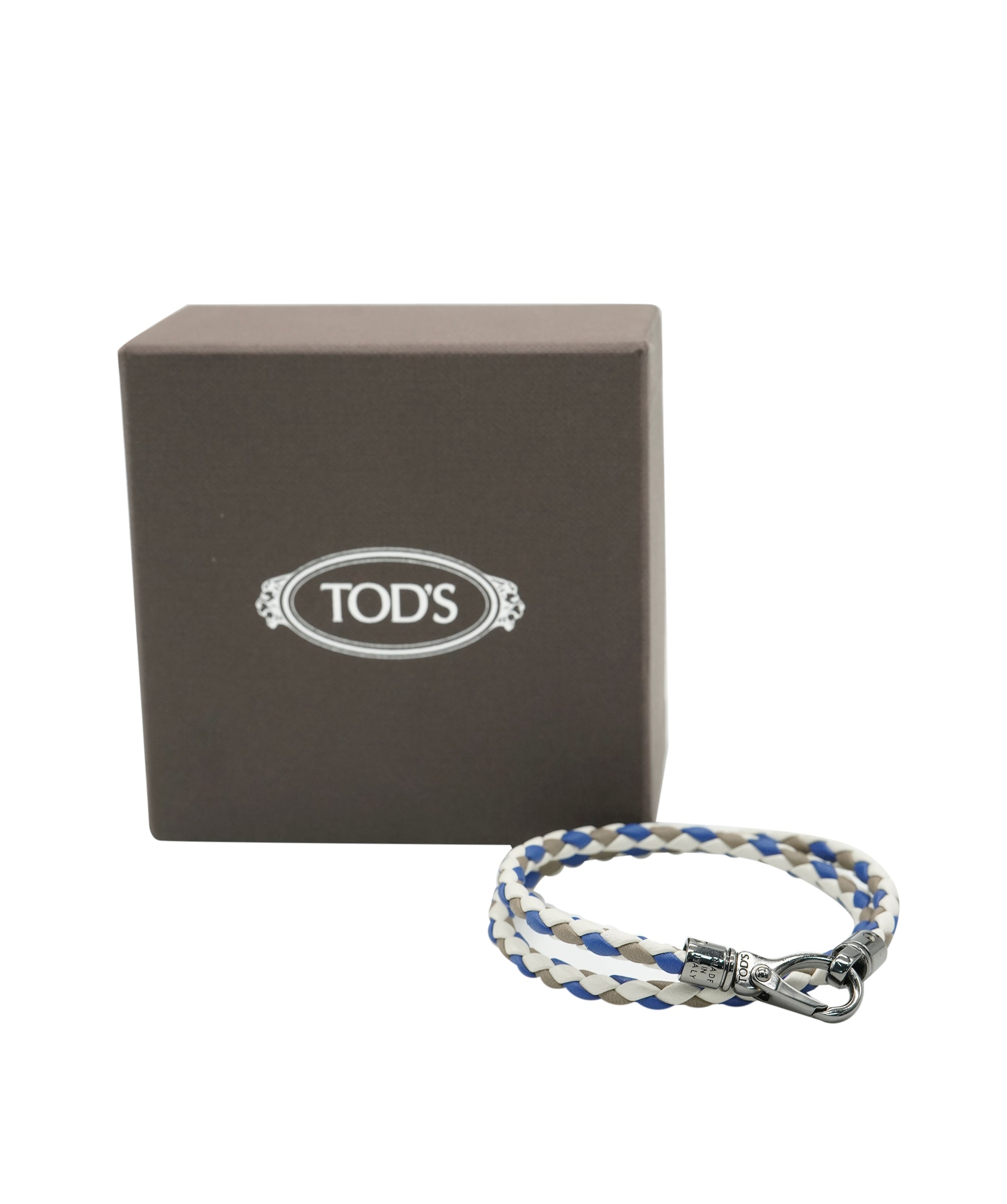 Tod's Tod's Leather Woven Bracelet in Blue, White and Grey with titanium hardware AKC0095