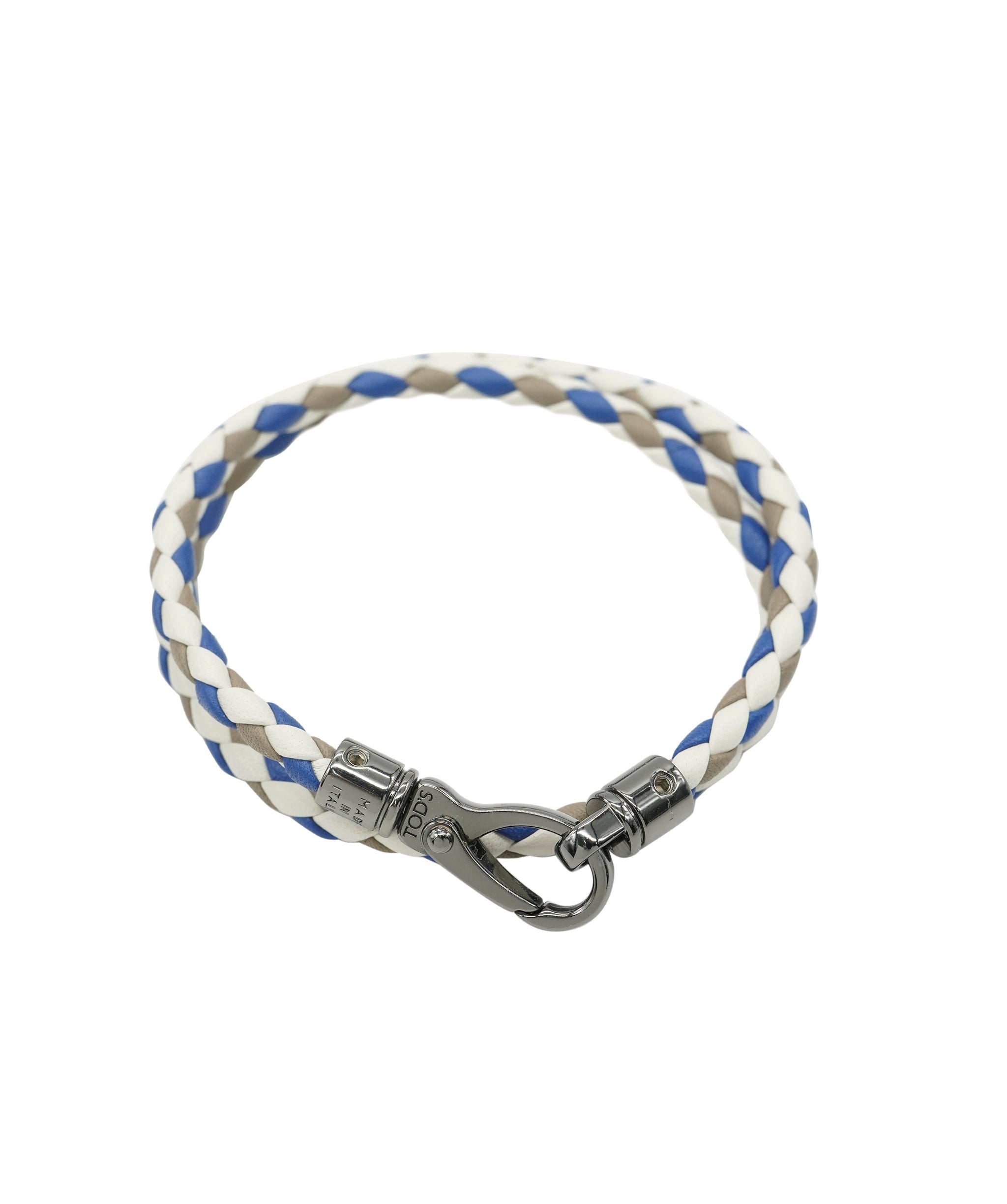 Tod's Tod's Leather Woven Bracelet in Blue, White and Grey with titanium hardware AKC0095