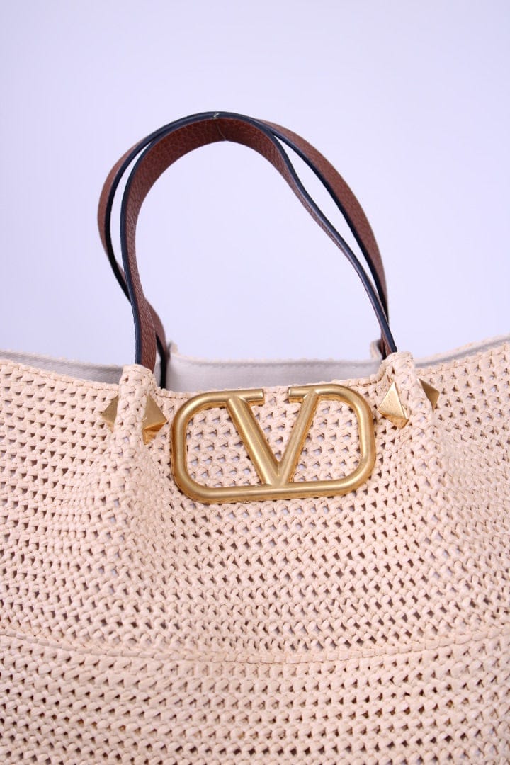 Valentino Valentino V Logo Raffia Tote Bag Straw/ Brown