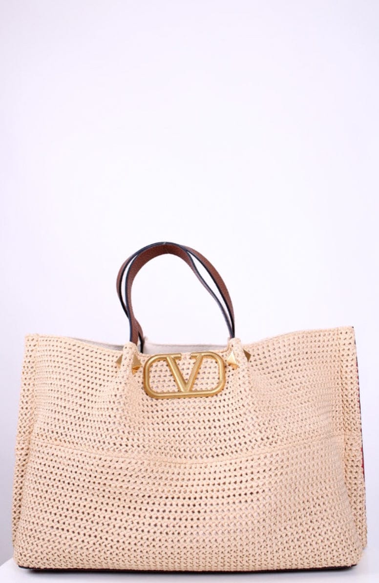 Valentino Valentino V Logo Raffia Tote Bag Straw/ Brown