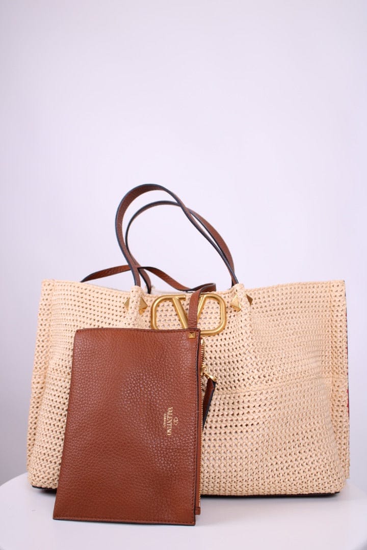 Valentino Valentino V Logo Raffia Tote Bag Straw/ Brown