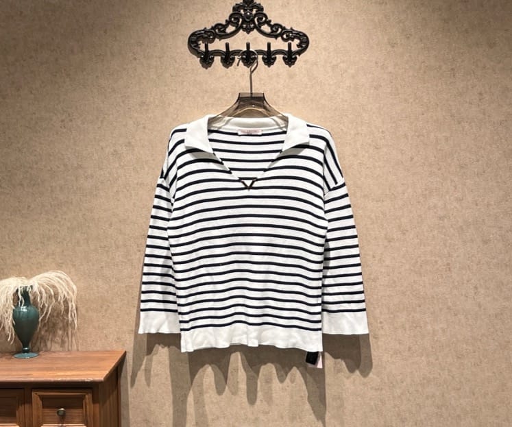 Valentino Valentino Blue and White Striped Metallic V-Neck Knit Sweater / Size M / 99% New / 42135