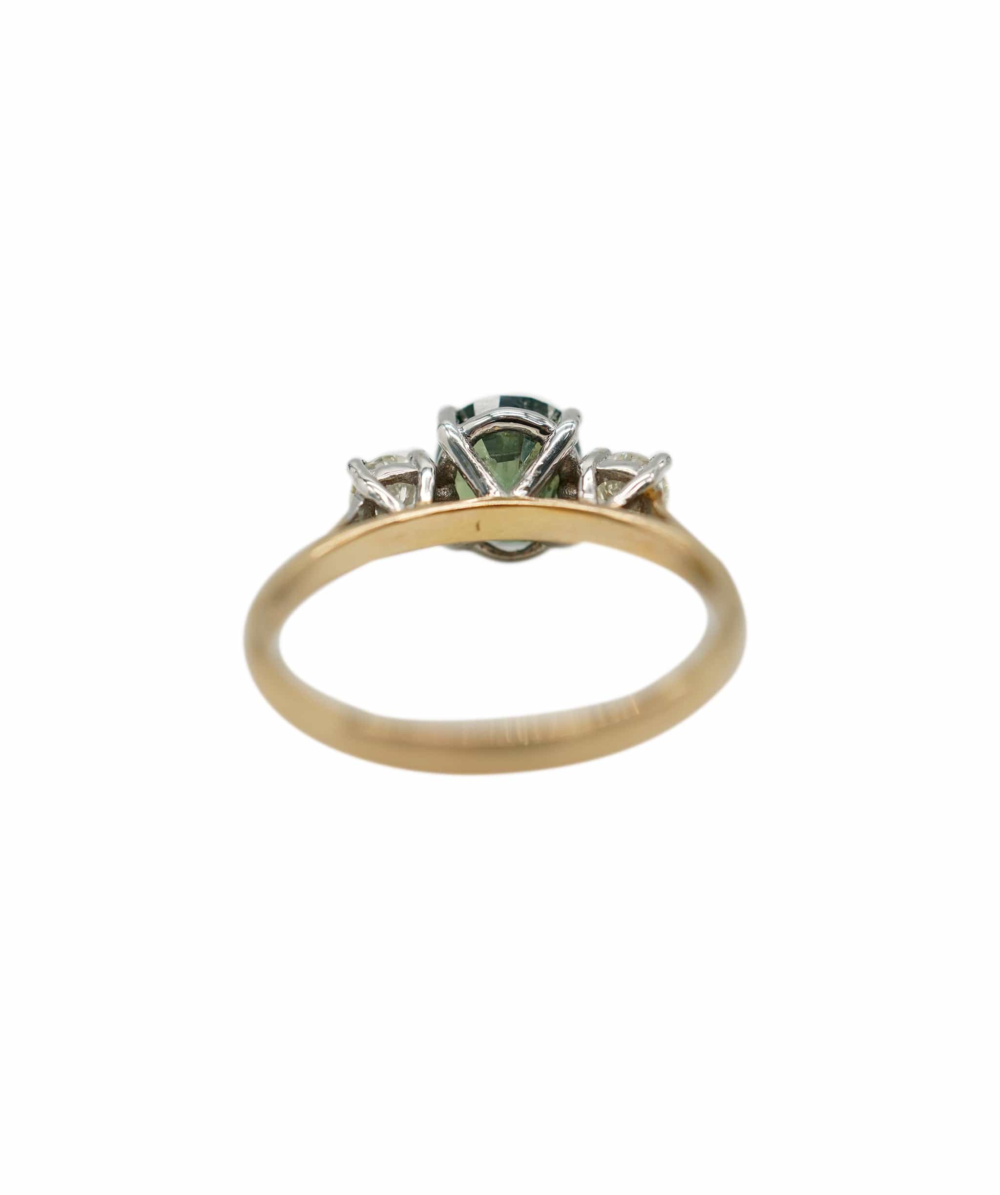 VCA Green sapphire (apx. 1.50cts) and diamond three-stone (apx. 0.35ct total) ring 18K YG AHC1189