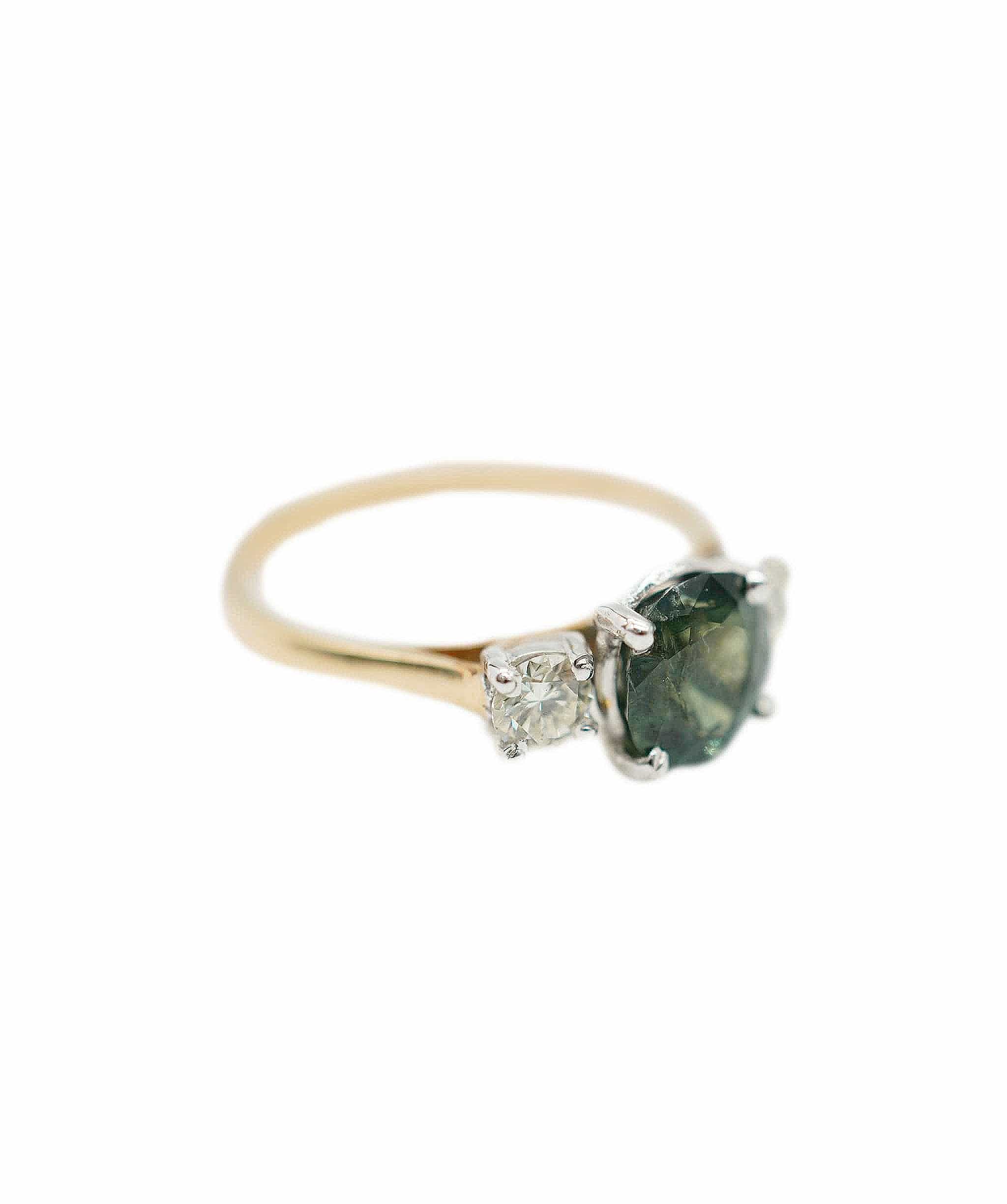 VCA Green sapphire (apx. 1.50cts) and diamond three-stone (apx. 0.35ct total) ring 18K YG AHC1189
