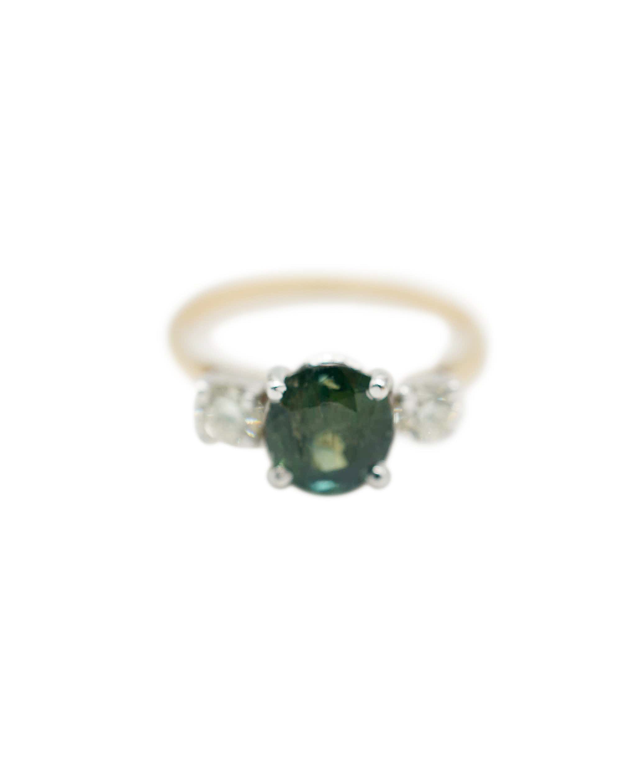 VCA Green sapphire (apx. 1.50cts) and diamond three-stone (apx. 0.35ct total) ring 18K YG AHC1189