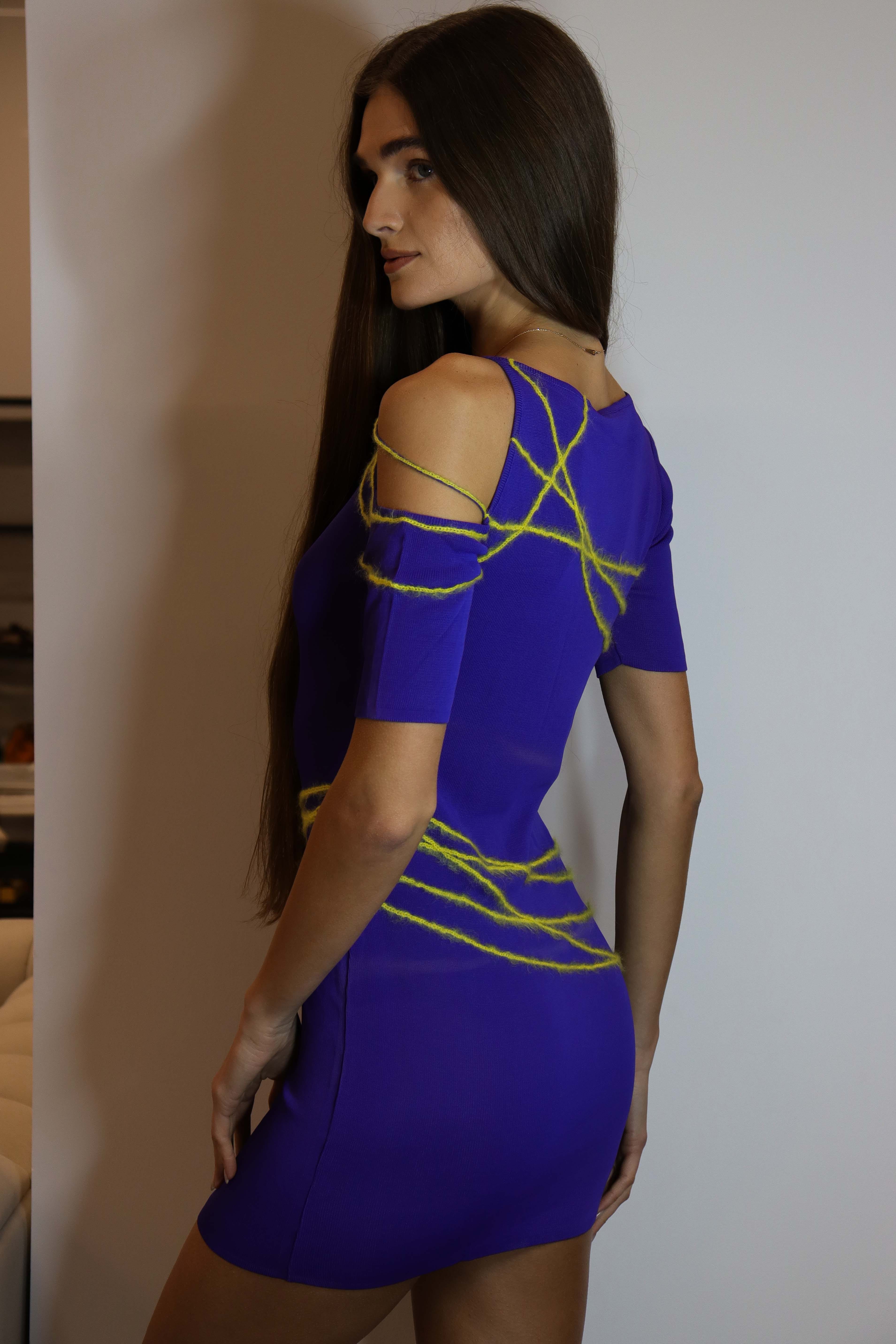 Versace Versace Asymmetry Shoulder Dress Purple Yellow DXBS2014