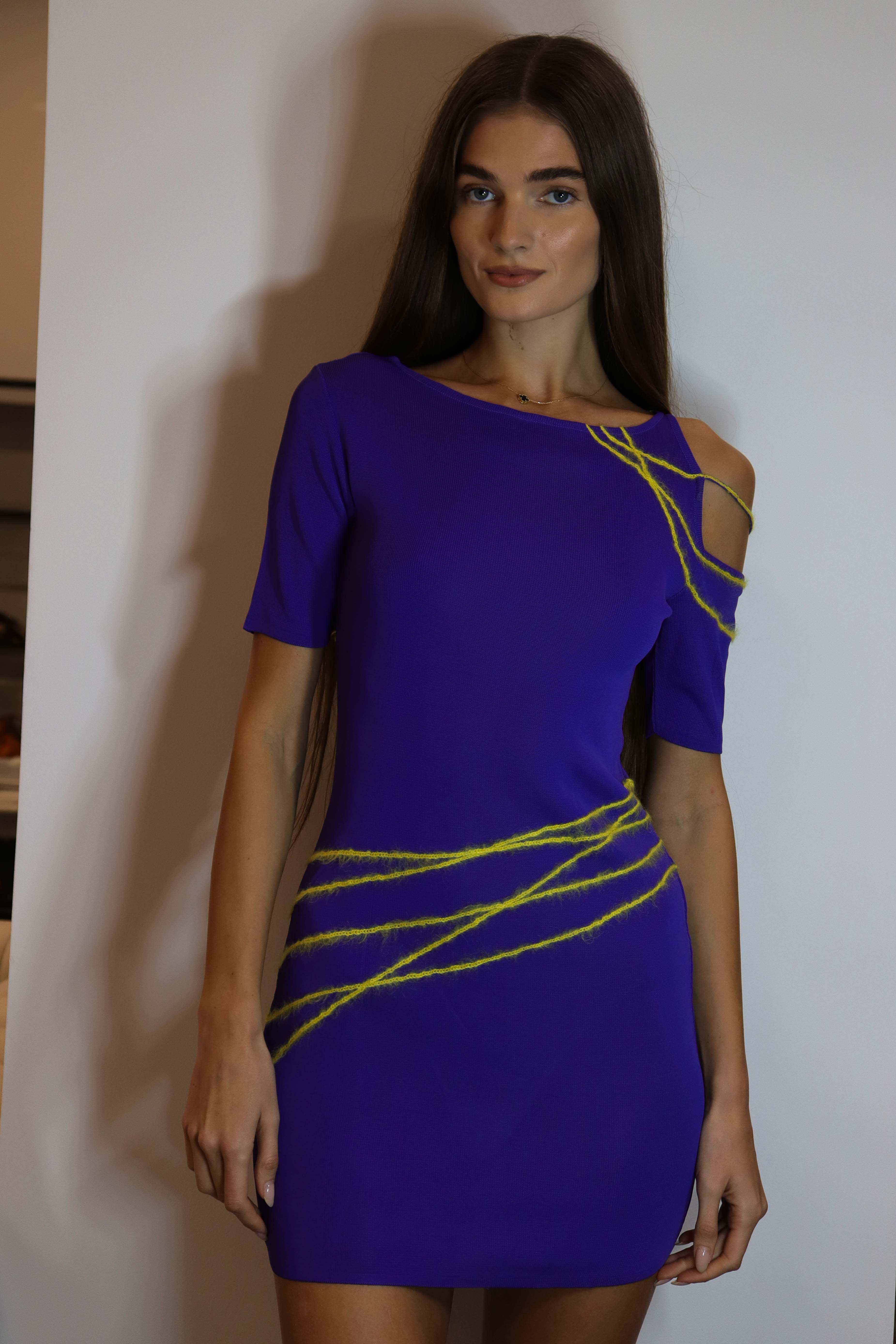 Versace Versace Asymmetry Shoulder Dress Purple Yellow DXBS2014