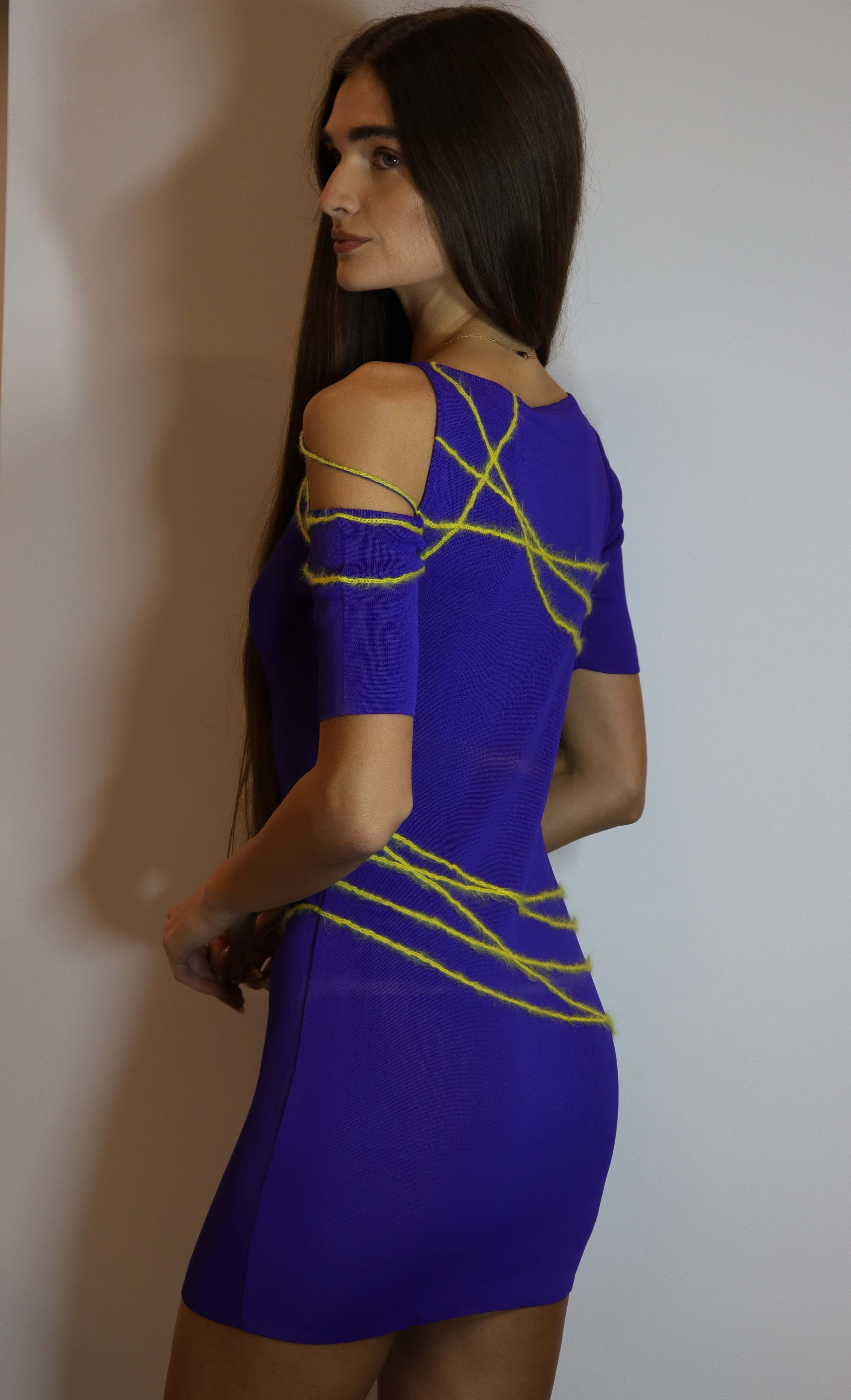 Versace Versace Asymmetry Shoulder Dress Purple Yellow DXBS2014