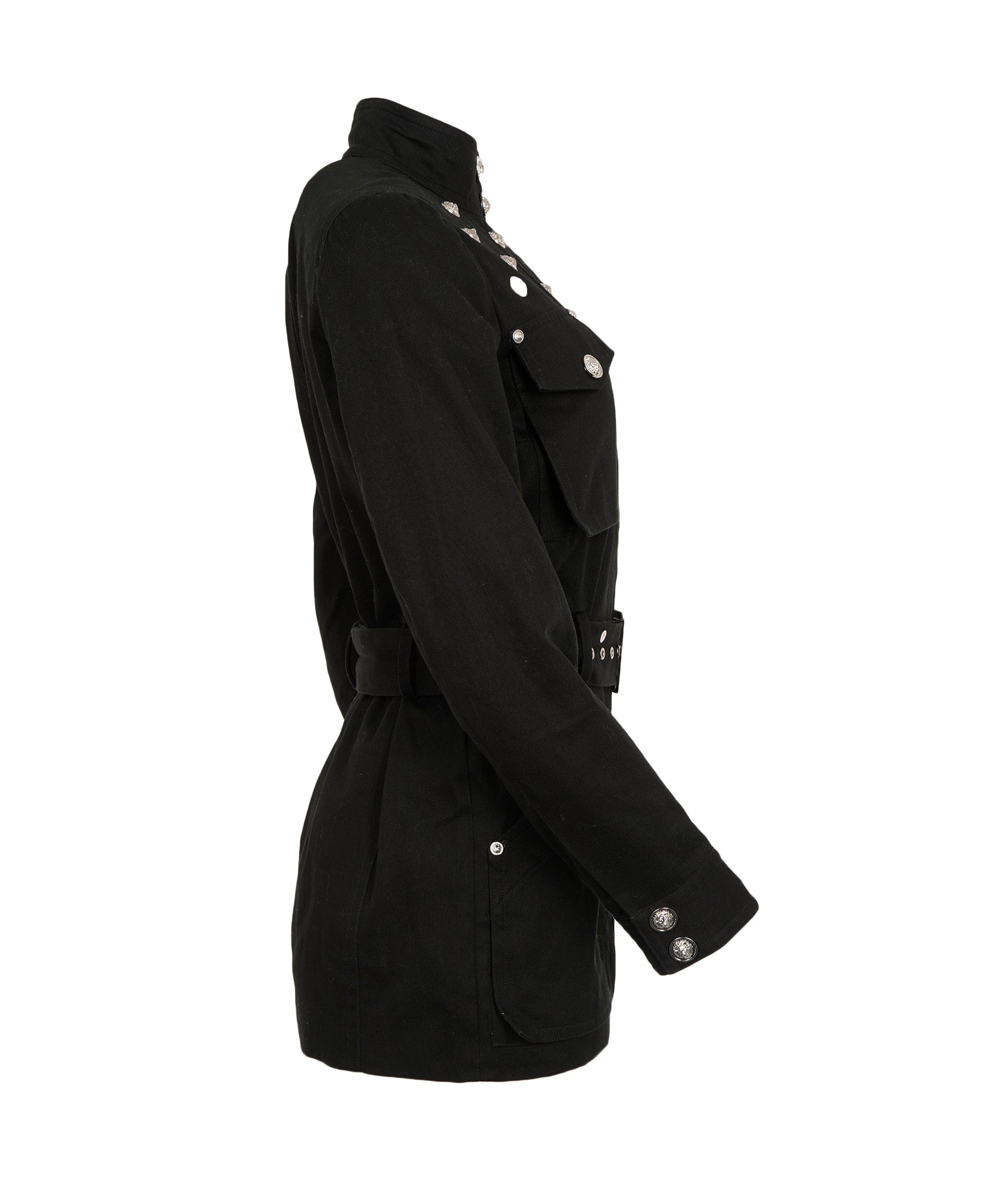 Versace Versus Versace Vintage Black Cotton Lion-Hed Embellished Belted Trench Coat ALC2016