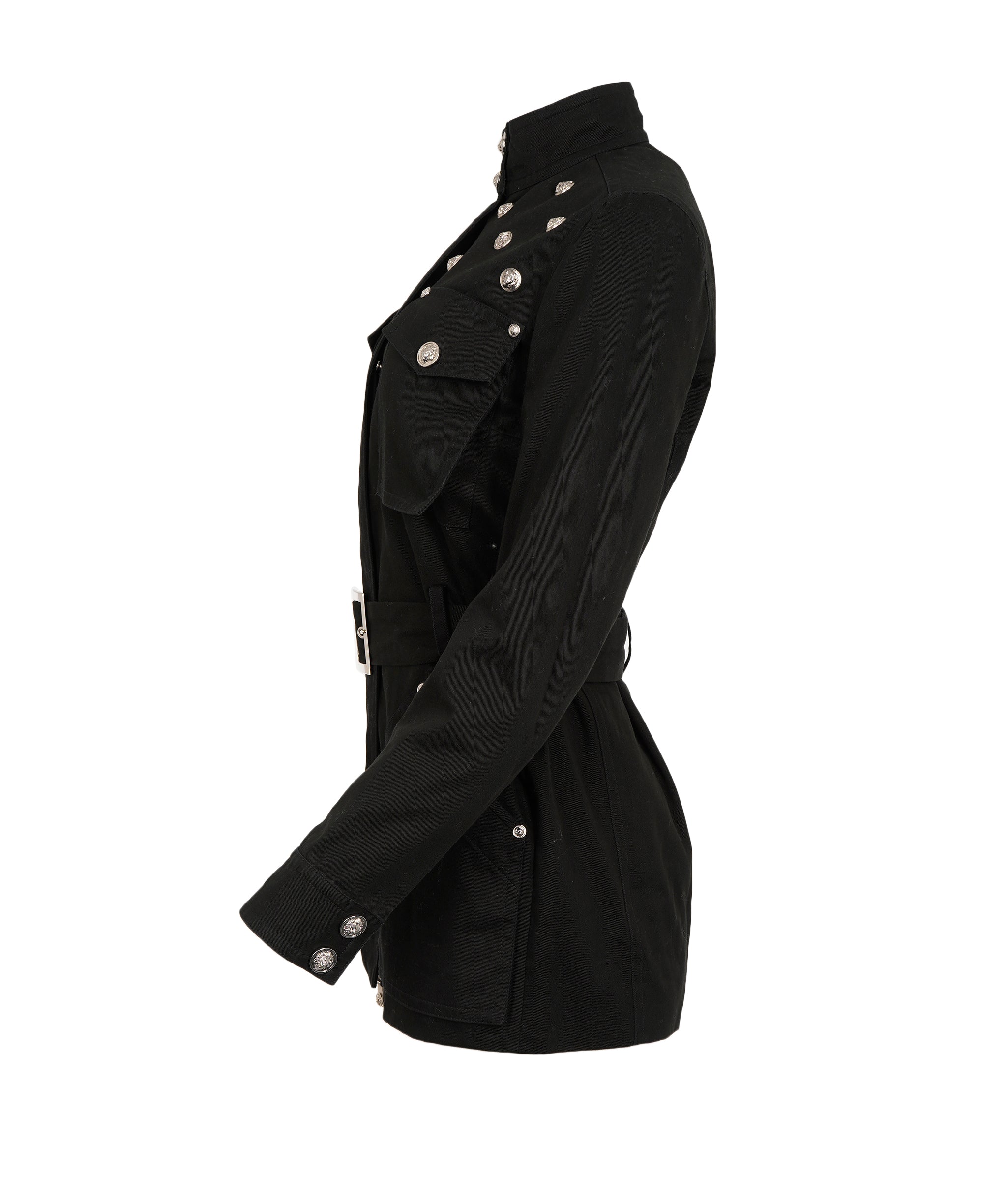 Versace Versus Versace Vintage Black Cotton Lion-Hed Embellished Belted Trench Coat ALC2016