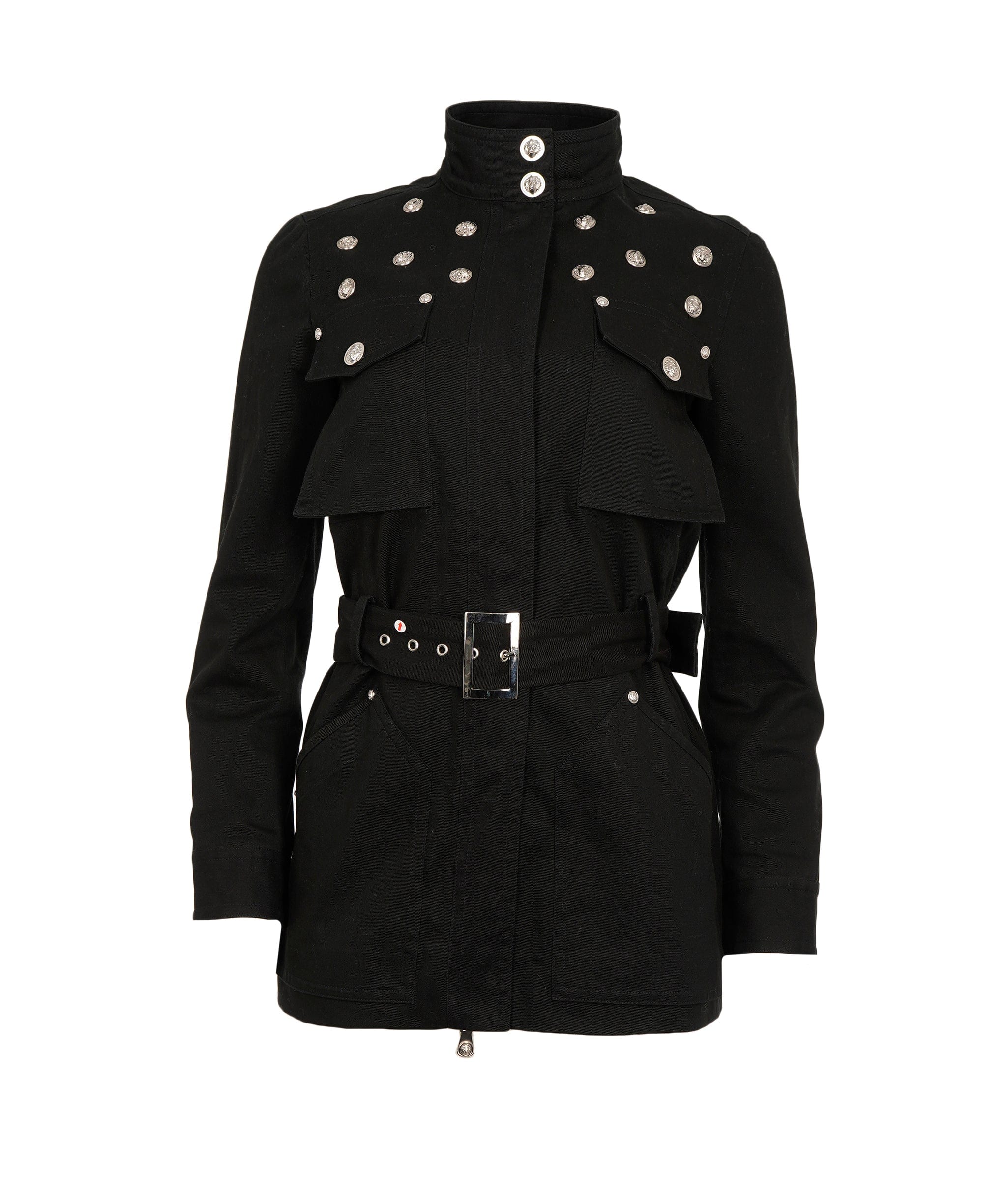 Versace Versus Versace Vintage Black Cotton Lion-Hed Embellished Belted Trench Coat ALC2016