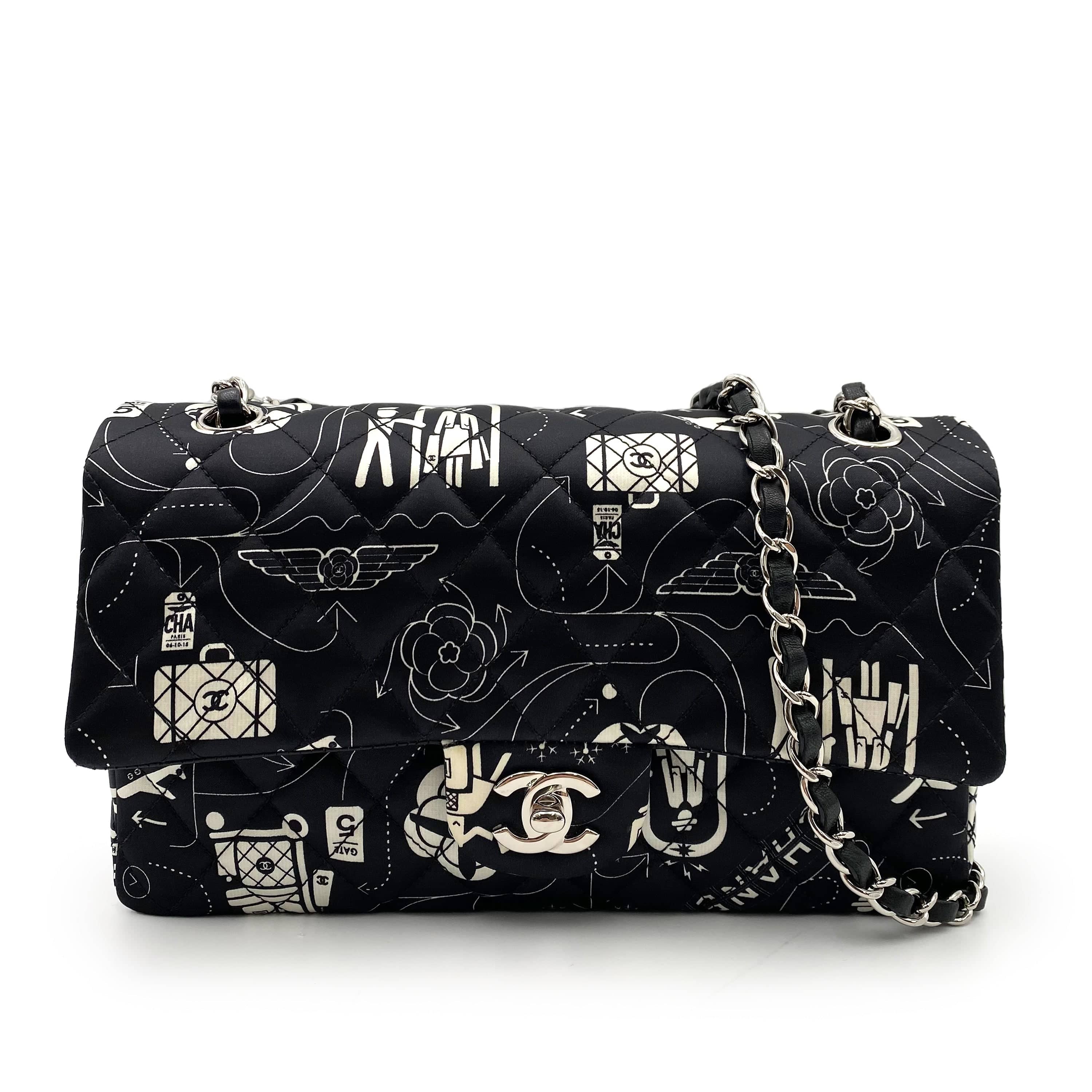 VINTAGE LOVER PURPOSE CHANEL AIRLINE CLASSIC FLAP MEDIUM CHAIN SHOULDER BAG BLACK WHITE SATIN 90237321
