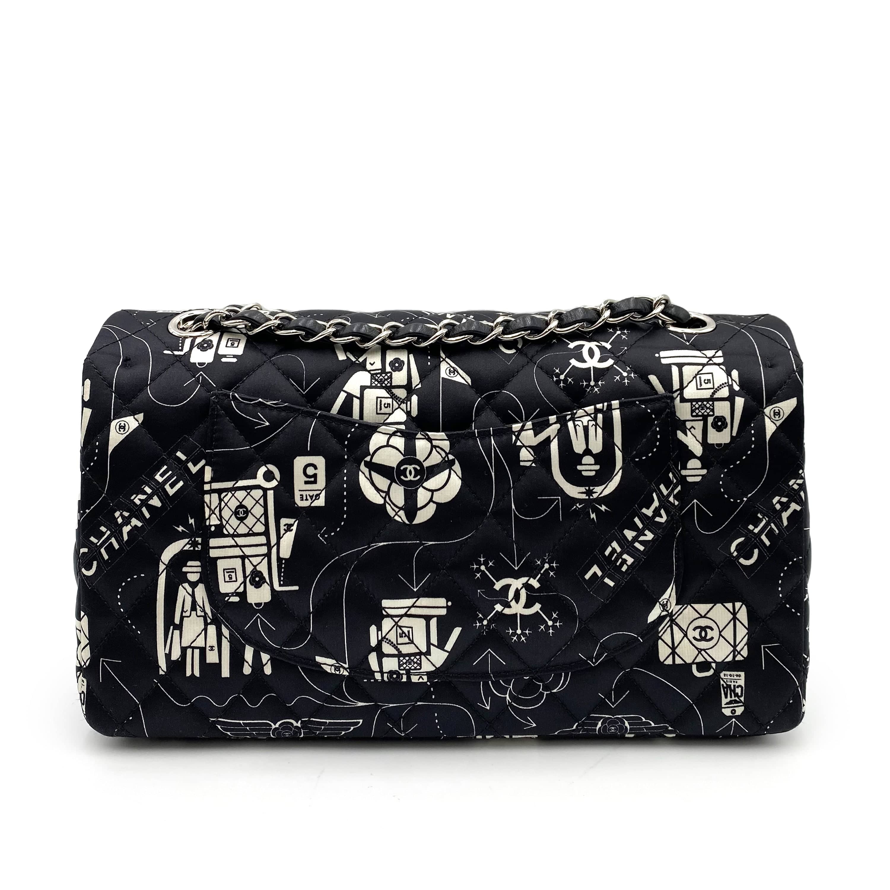 VINTAGE LOVER PURPOSE CHANEL AIRLINE CLASSIC FLAP MEDIUM CHAIN SHOULDER BAG BLACK WHITE SATIN 90237321