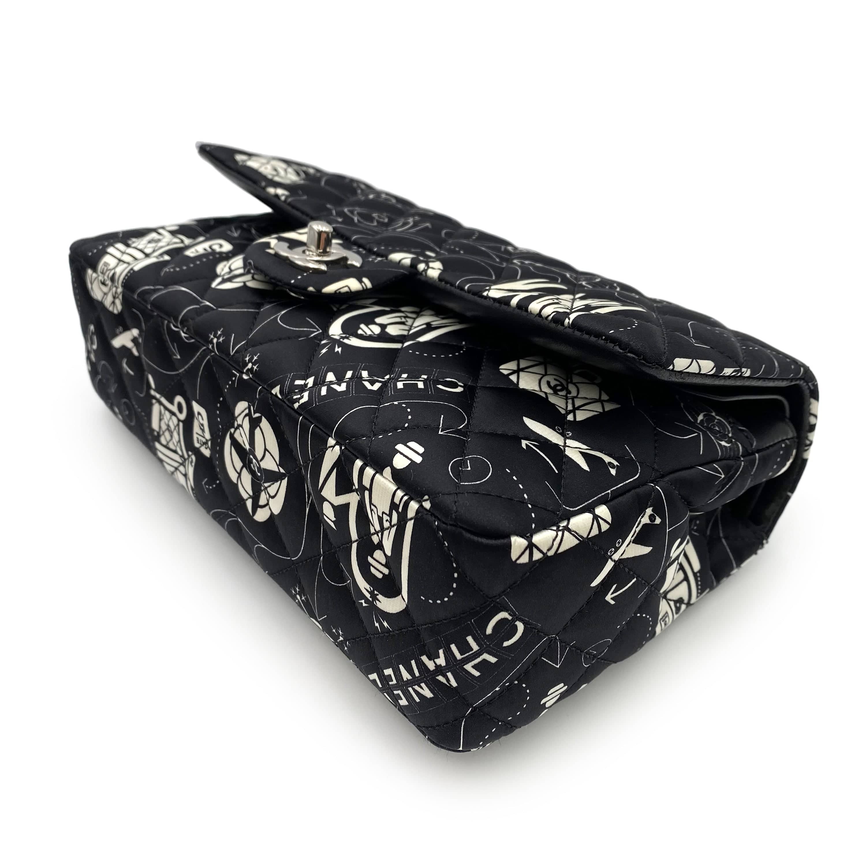 VINTAGE LOVER PURPOSE CHANEL AIRLINE CLASSIC FLAP MEDIUM CHAIN SHOULDER BAG BLACK WHITE SATIN 90237321