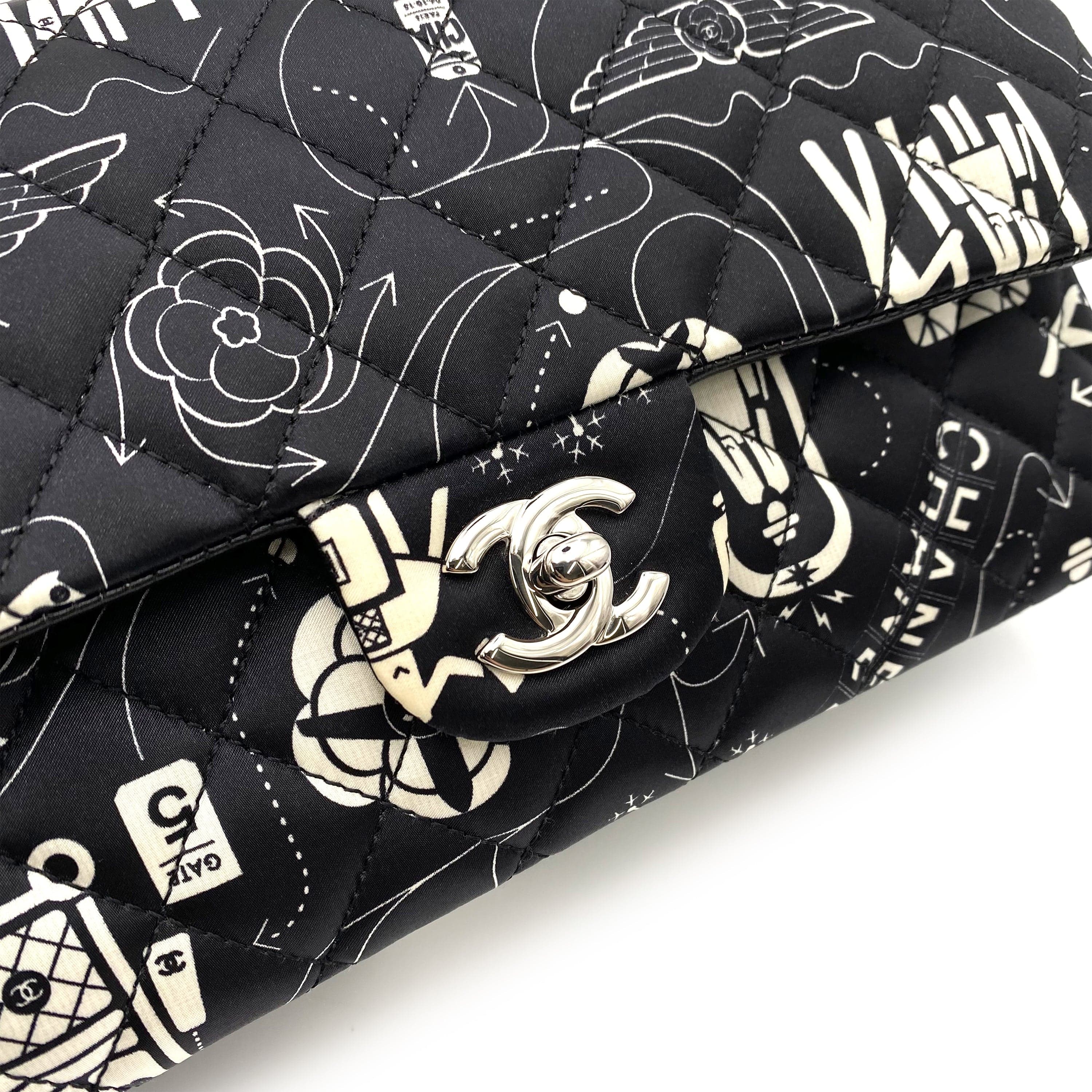 VINTAGE LOVER PURPOSE CHANEL AIRLINE CLASSIC FLAP MEDIUM CHAIN SHOULDER BAG BLACK WHITE SATIN 90237321