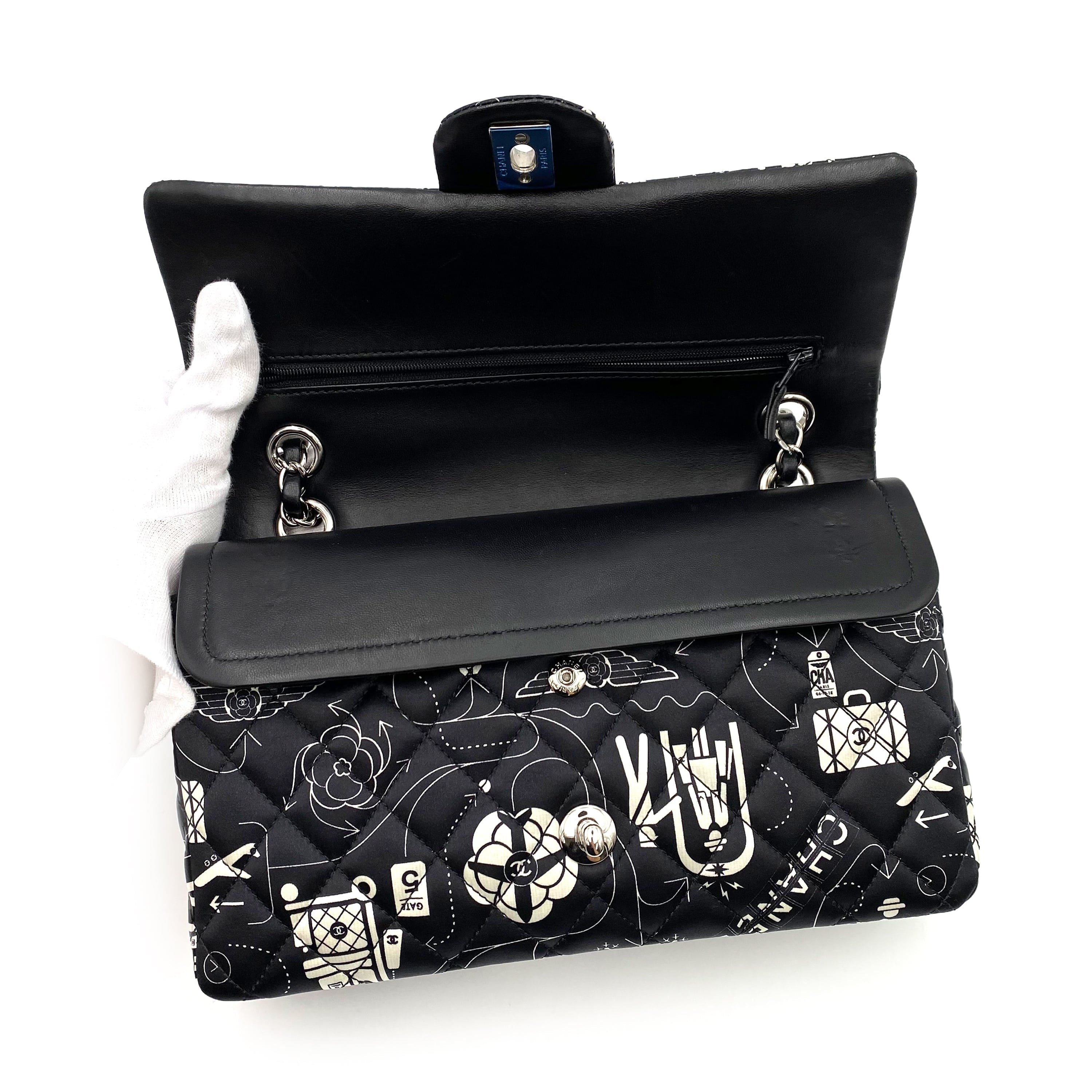 VINTAGE LOVER PURPOSE CHANEL AIRLINE CLASSIC FLAP MEDIUM CHAIN SHOULDER BAG BLACK WHITE SATIN 90237321