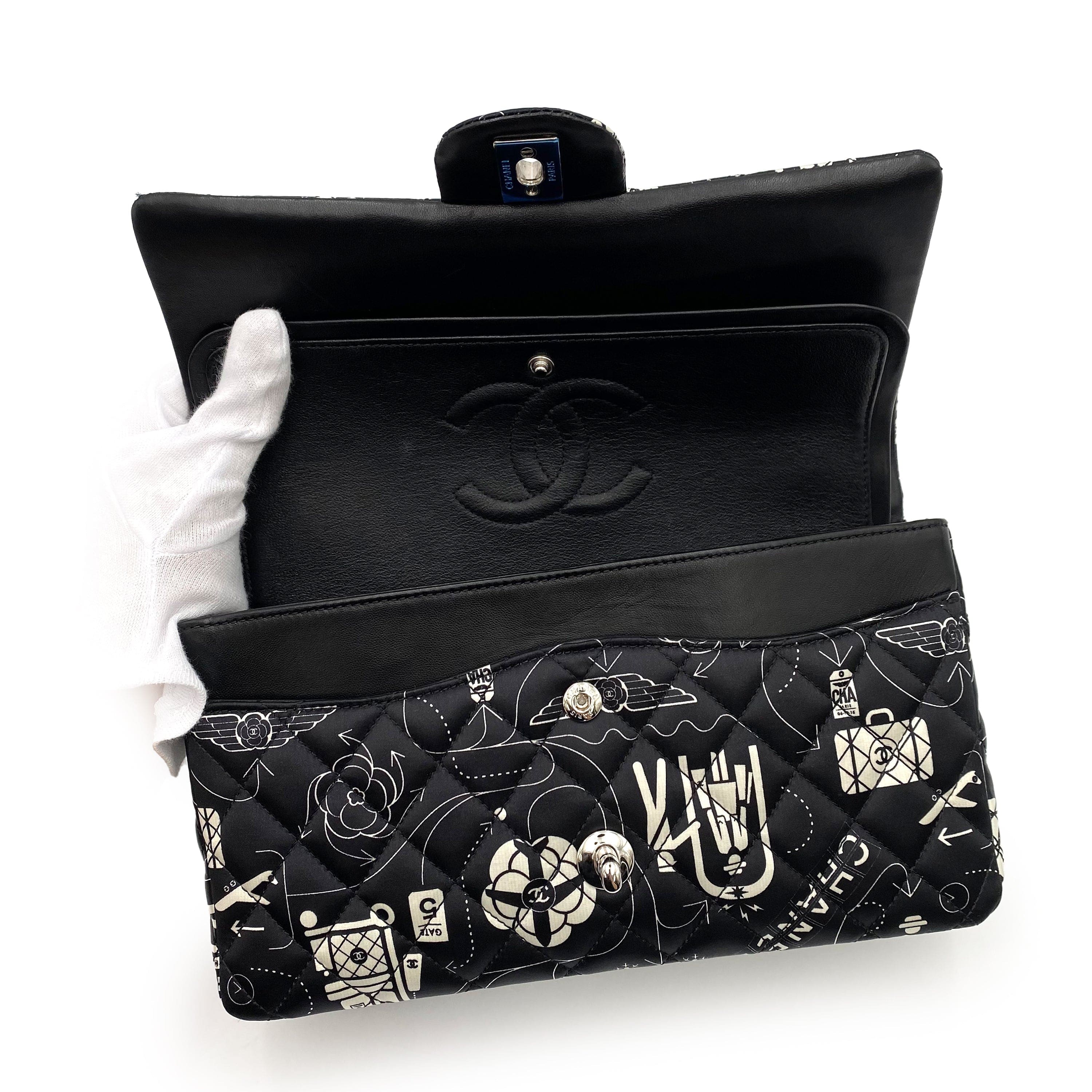 VINTAGE LOVER PURPOSE CHANEL AIRLINE CLASSIC FLAP MEDIUM CHAIN SHOULDER BAG BLACK WHITE SATIN 90237321