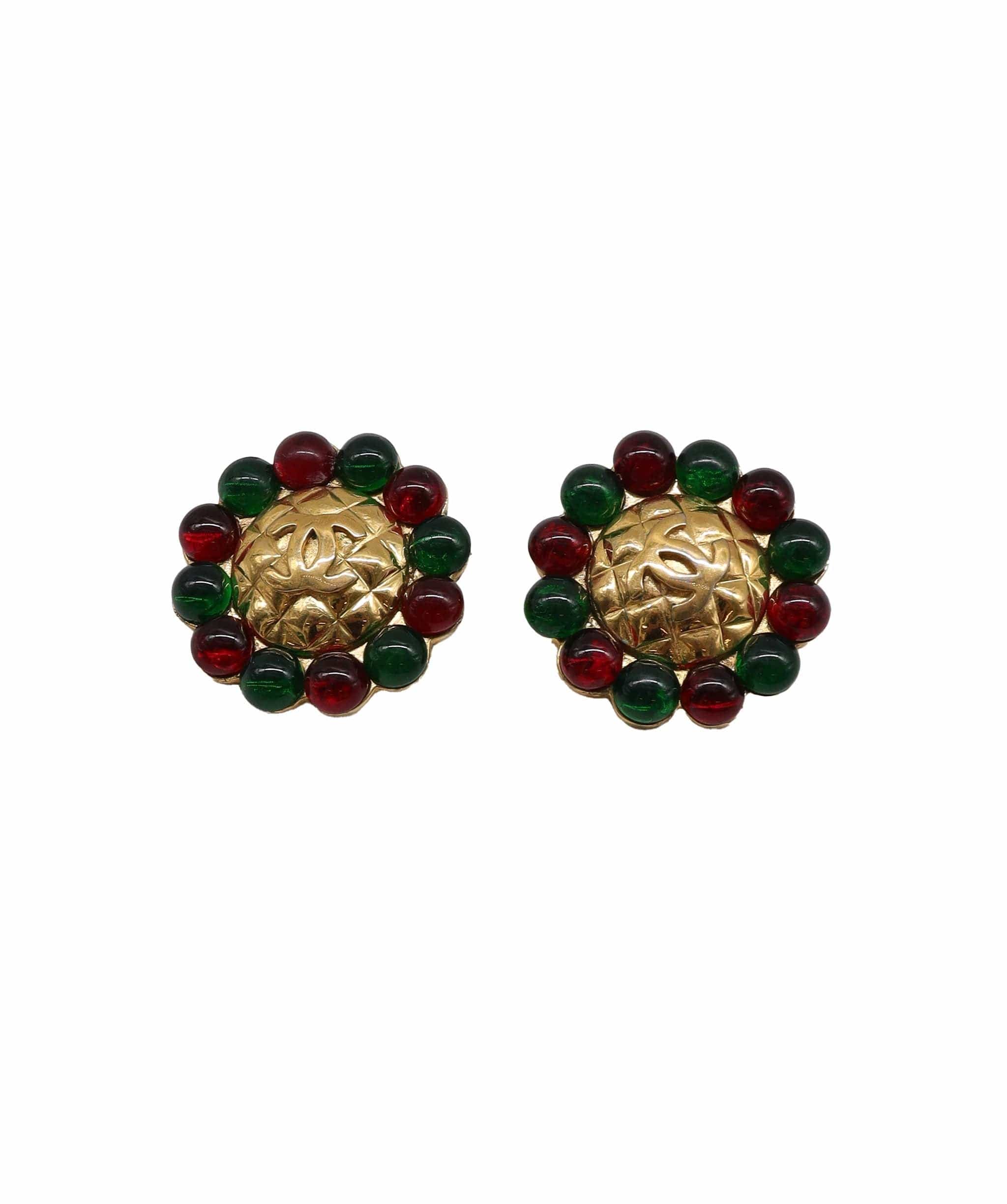 VINTAGE LOVER PURPOSE CHANEL Gripoix Coco Logos Earrings Gold Red Green 25 Vintage 90217442