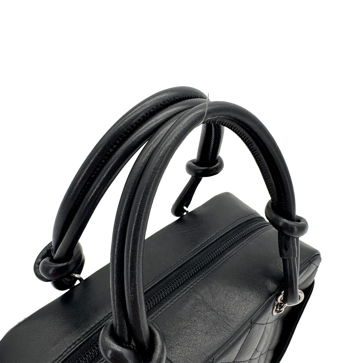 VINTAGE CHANEL CAMBON LINE HAND BAG BLACK LEATHER SILVER HARDWARE 90312942
