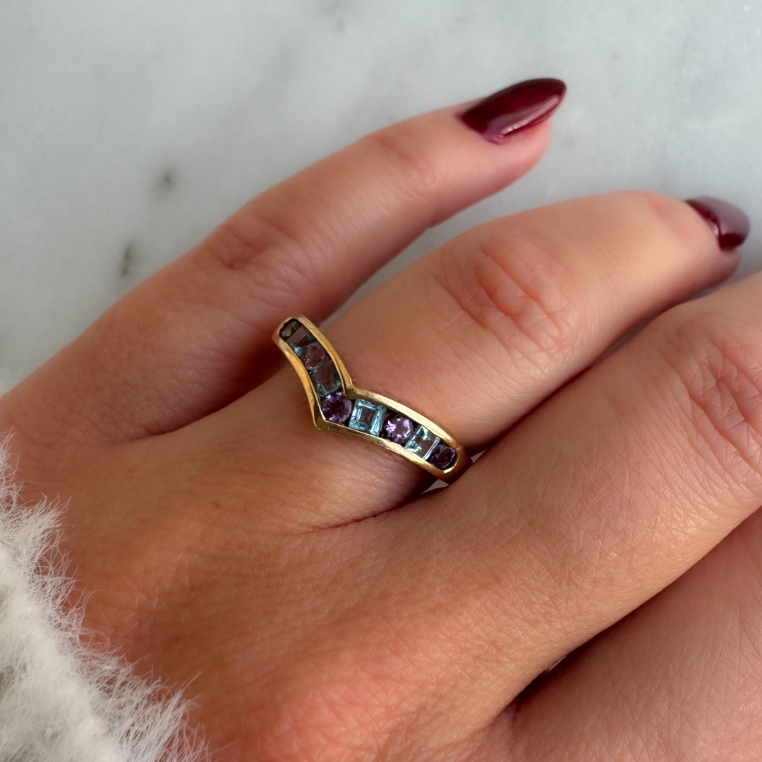 Willow Fine Jewellery 9ct Amethyst and Topaz Wishbone Ring
