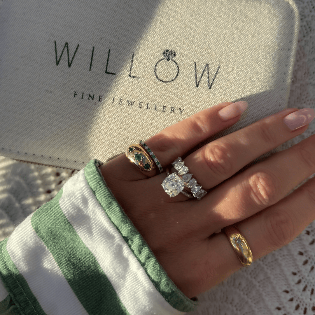 Willow Fine Jewellery 9ct Yellow Gold Emerald and Diamond Eternity Ring