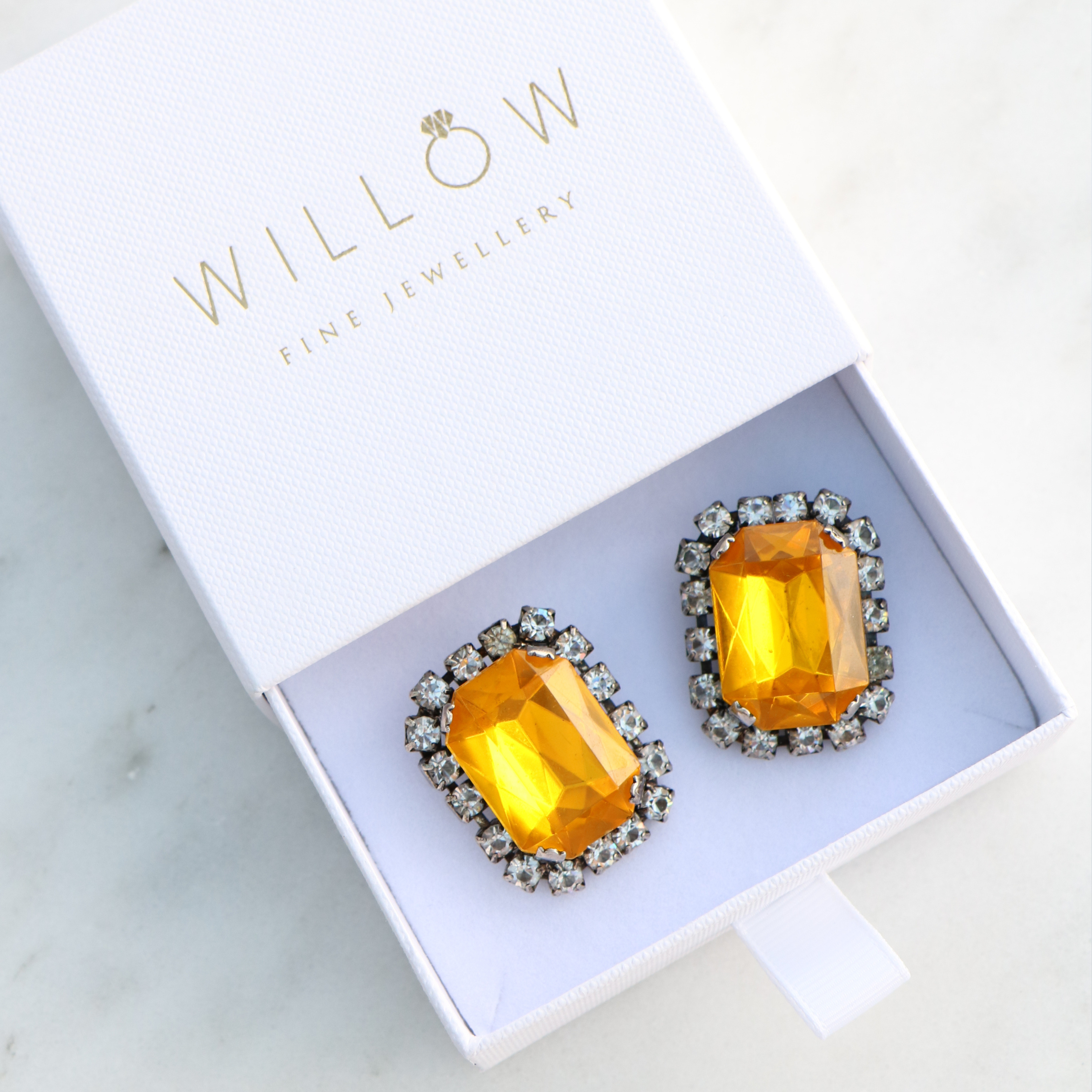 WillowFineJewellery Vintage Yellow Halo Emerald Cut Earrings