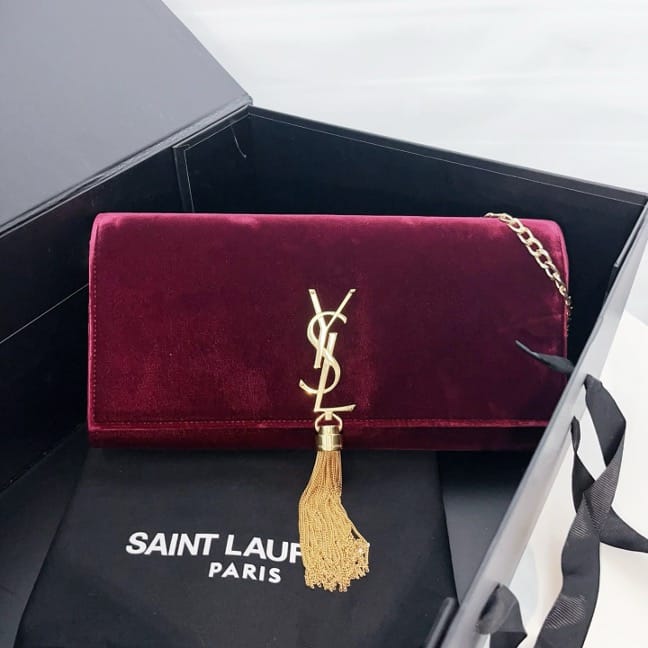 YSL Saint Laurent Burgundy Velvet Kate Tassel Chain Wallet C19489493541