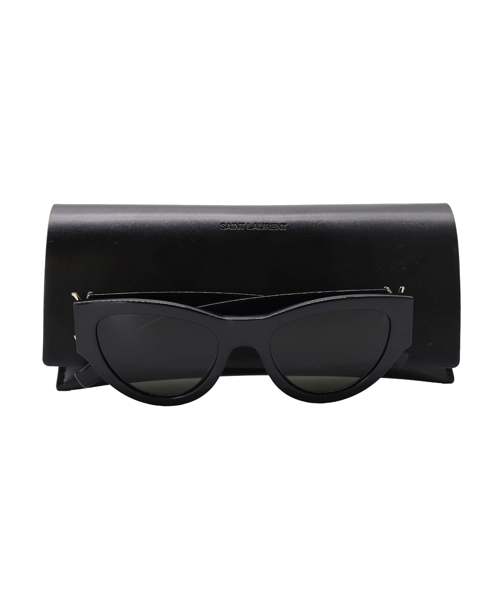 Yves Saint Laurent YSL Black Cat Eye Logo Silver Sunglasses With Case AGC2879