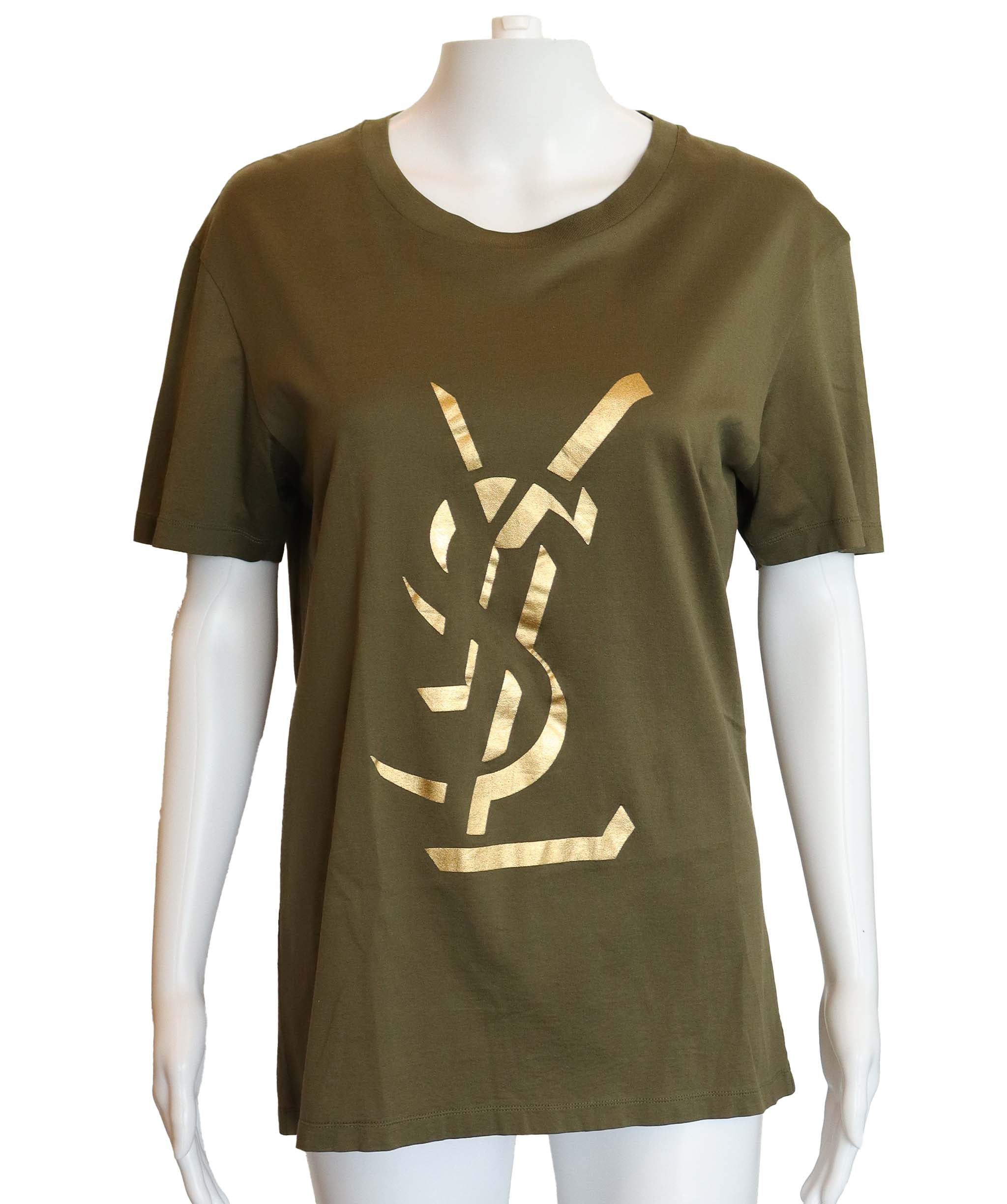 Yves Saint Laurent YSL Big Logo Tshirt Khaki Gold DXBS4315