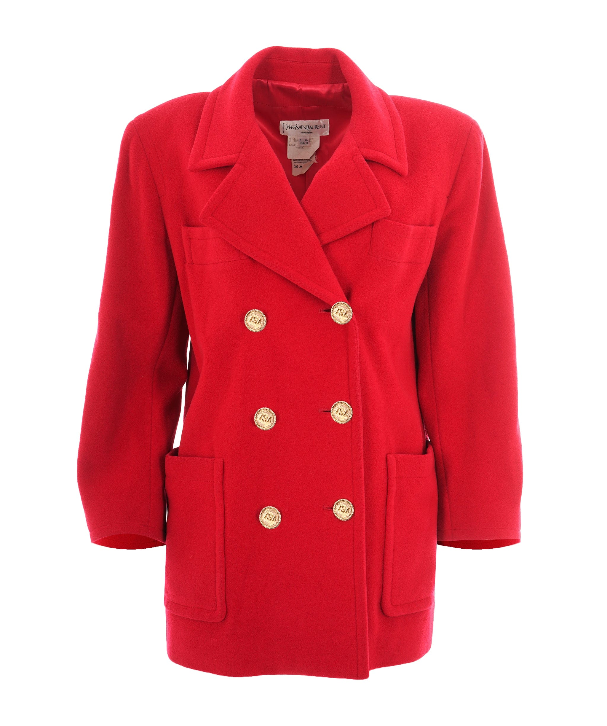 Yves Saint Laurent Vintage Red Wool Logo Button Blazer Coat