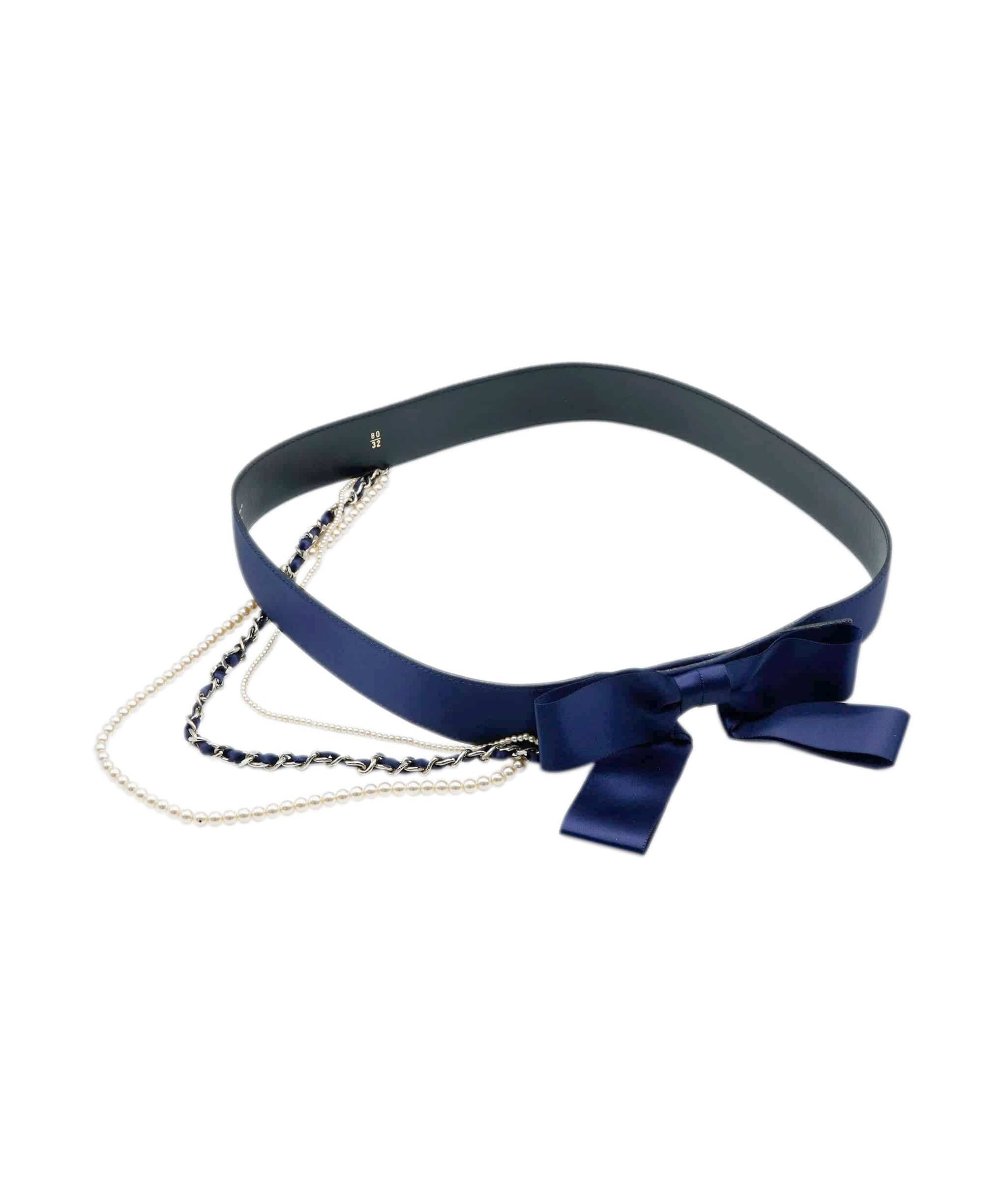 Chanel Chanel Belt Navy Satin Bow and Pearl Detail Size 80 AGC1472