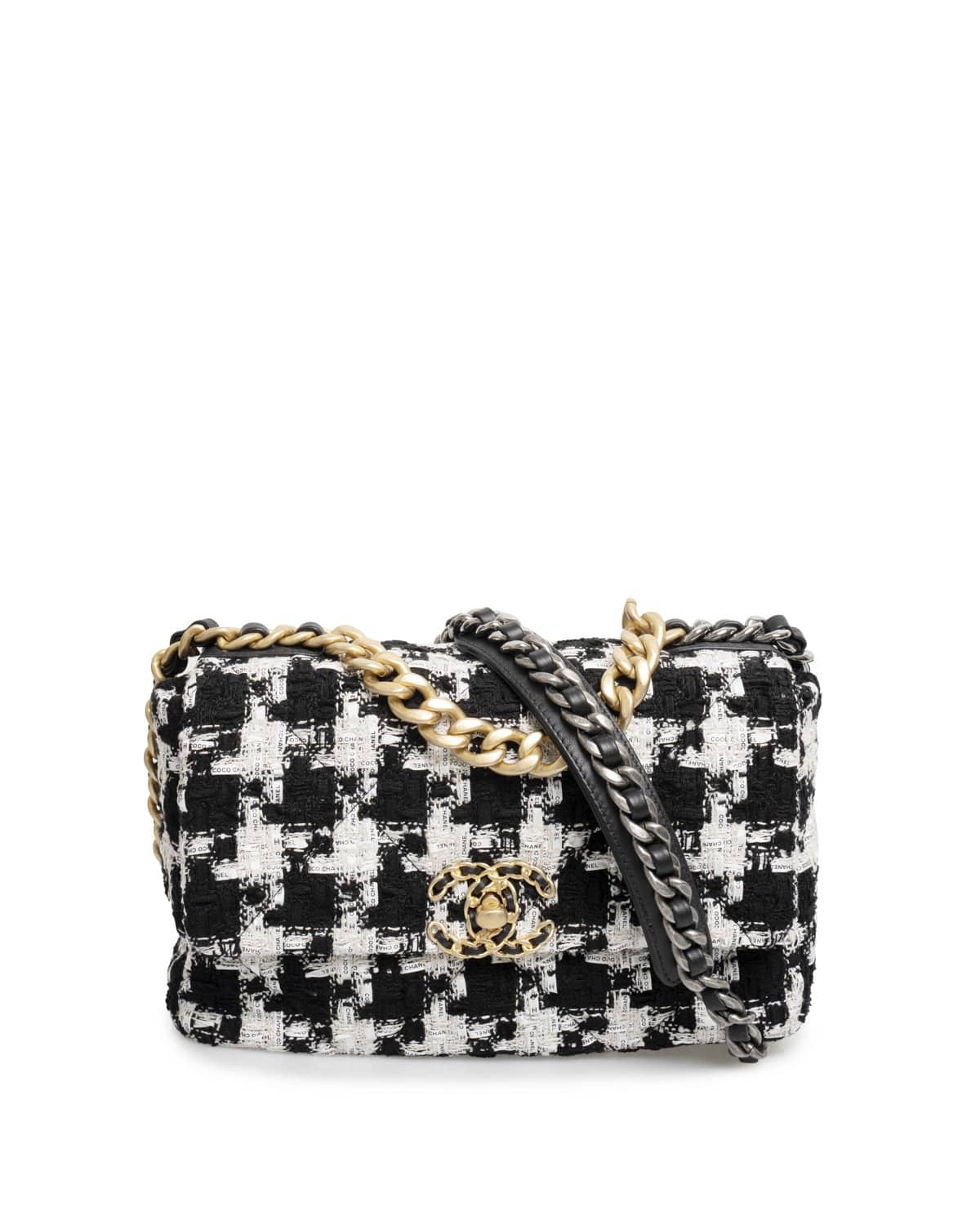 CHANEL Tweed Houndstooth Mini Square Flap Black White 1240469