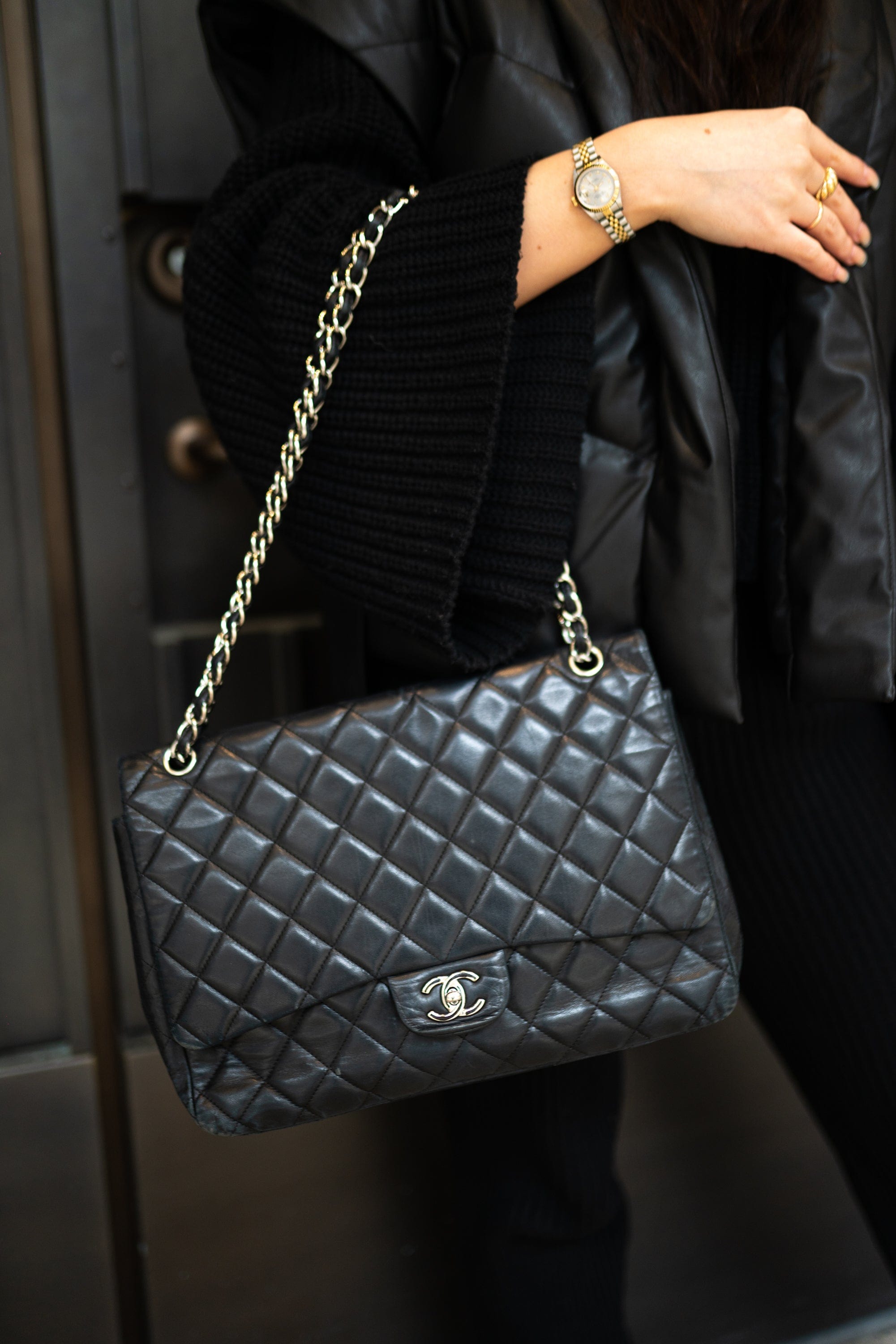 Chanel Black Pink Lambskin Enamel Large Maxi Divine Flap Bag, myGemma, SG